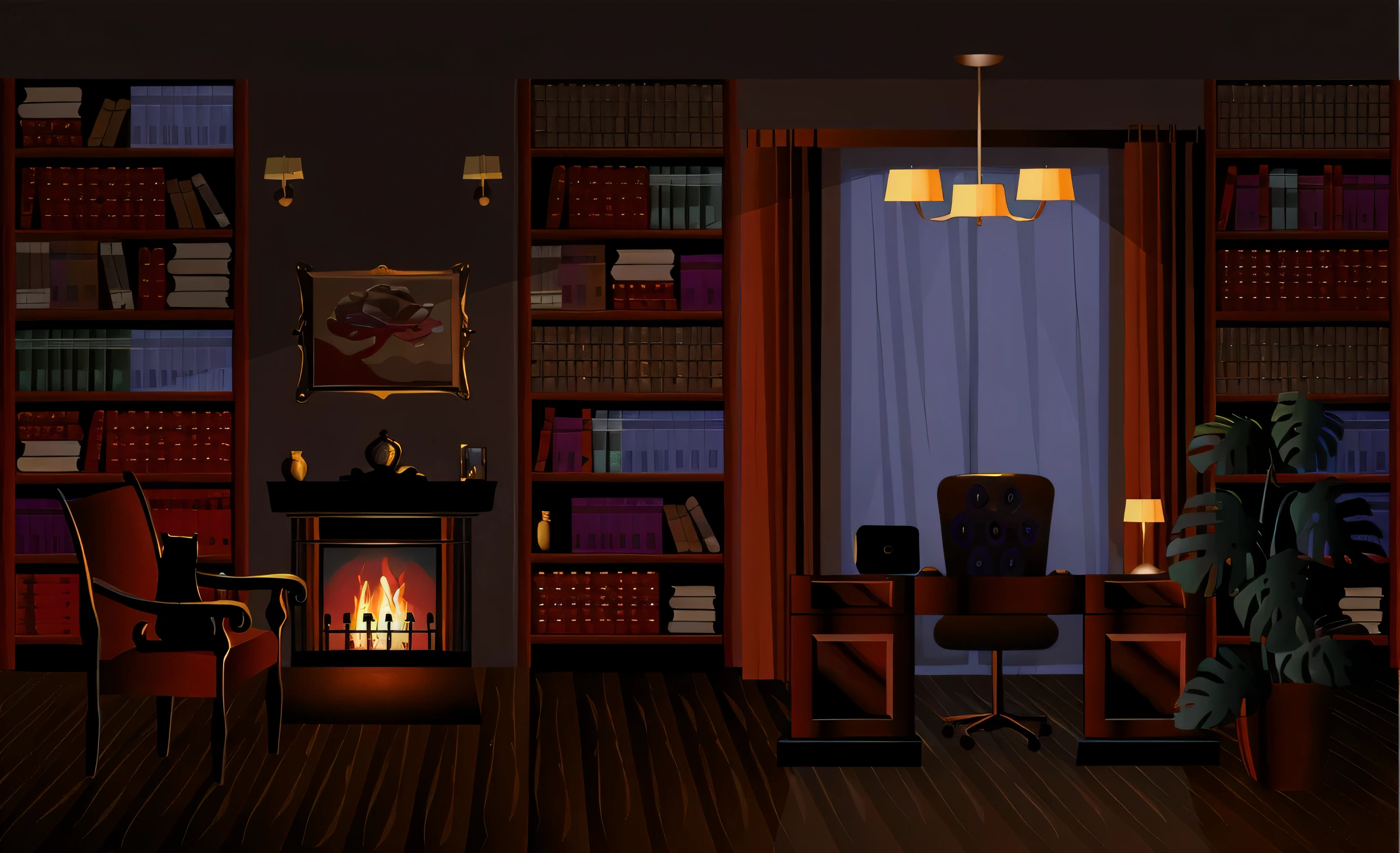 there is a room with a fireplace and a book shelf, interior background art, personal room background, library interior background, room of a dark mansion, alchemist library background, dimly lit interior room, living room background, dimly lit room, library background, gloomy library, cozy living room background, dark library, dark interior, dark classic interior, dimly light room