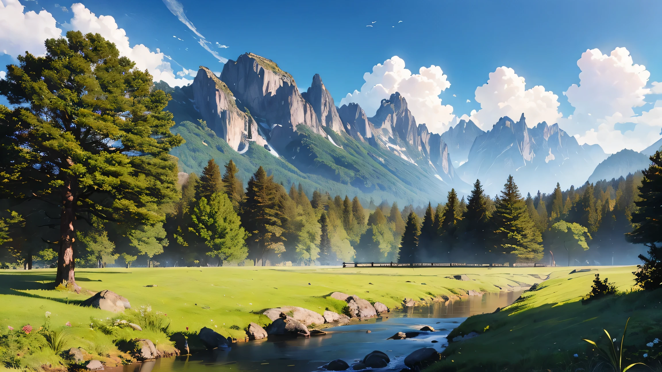 (super detailed, high resolution, masterpiece:1.2), lush green forest, majestic mountains, vast open plains, Crystal clear streams, peaceful atmosphere, Birds, micro , high dynamic range, ultra high definition, professional, 