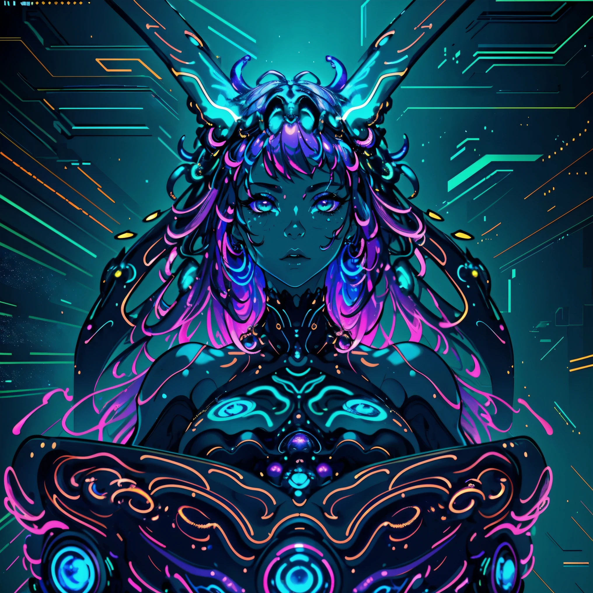 portrait | wide angle shot of eyes off to one side of frame, lucid dream-like woman, looking off in distance ::8 style | daydreampunk with glowing skin and eyes, styled in headdress, beautiful, she is dripping in neon lights, very colorful blue, green, purple, bioluminescent, glowing ::8 background | forest, vivid neon wonderland, particles, blue, green, purple ::7 parameters | rule of thirds, golden ratio, assymetric composition, hyper- maximalist, octane render, photorealism, cinematic realism, unreal engine, 8k