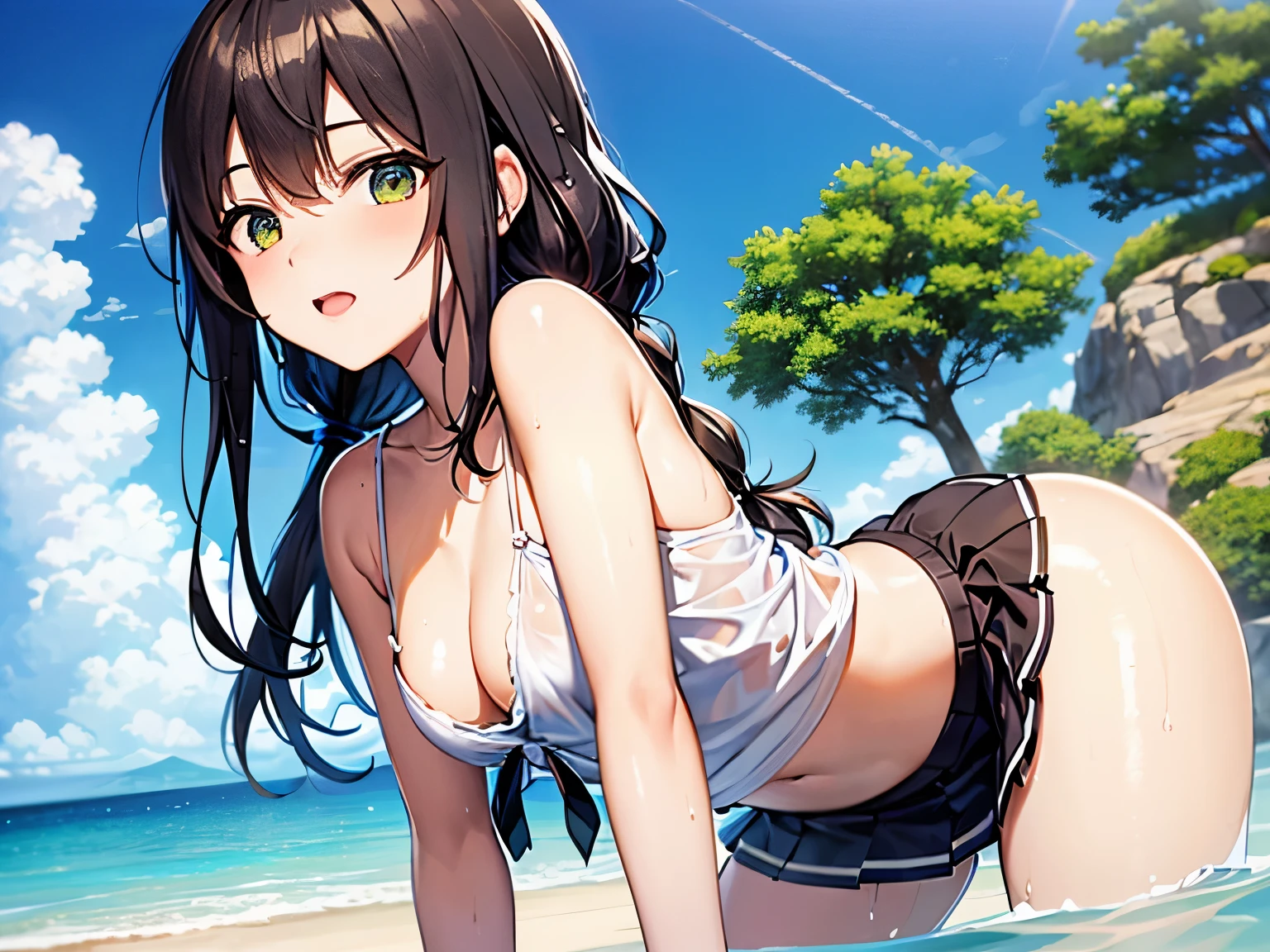 Brunette Girl, shyุ 25 ปี,  fit, light green eyes, long hair,Green braid tied in bows left and right.........small breasts, Wear a white shirt......wet, Wear a black miniskirt...... From America...,(shy).....The background is a sandy beach.... Picture R18