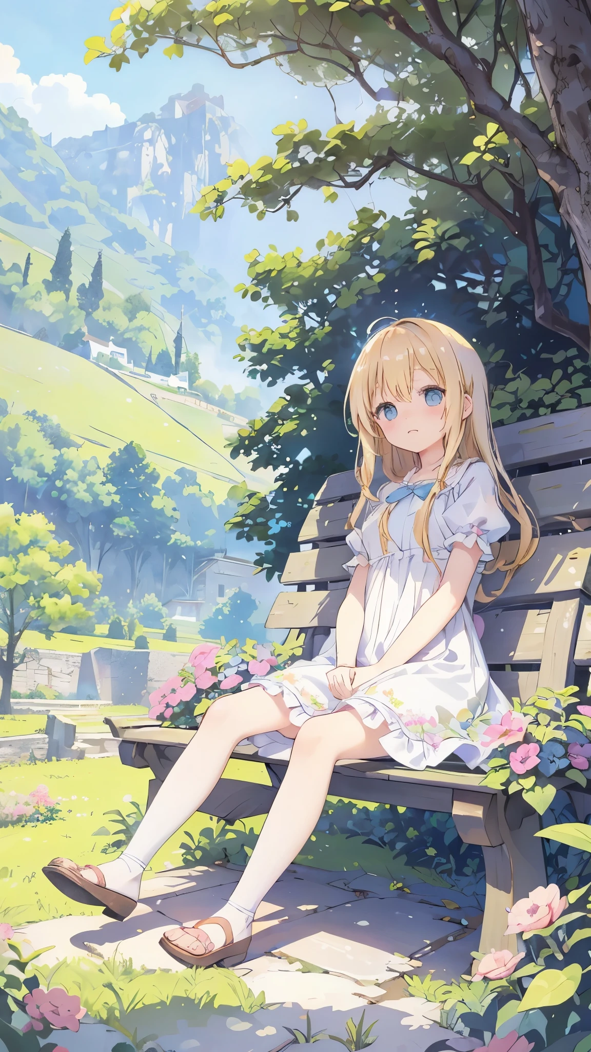 High resolution, (An illustration: 1.3), anime、((highest quality)), (Super detailed), (beautiful), ((peaceful countryside scenery、sitting on a stone bench and sunbathing:1.3)), alone,(8-year-old:1.4)、cute face、( wearing a cute dress:1.4),white and transparent skin、(blue ribbon on head:1.3)、Shiny pale colorful blonde long hair,overjoyed face、(low position、from below:1.3)