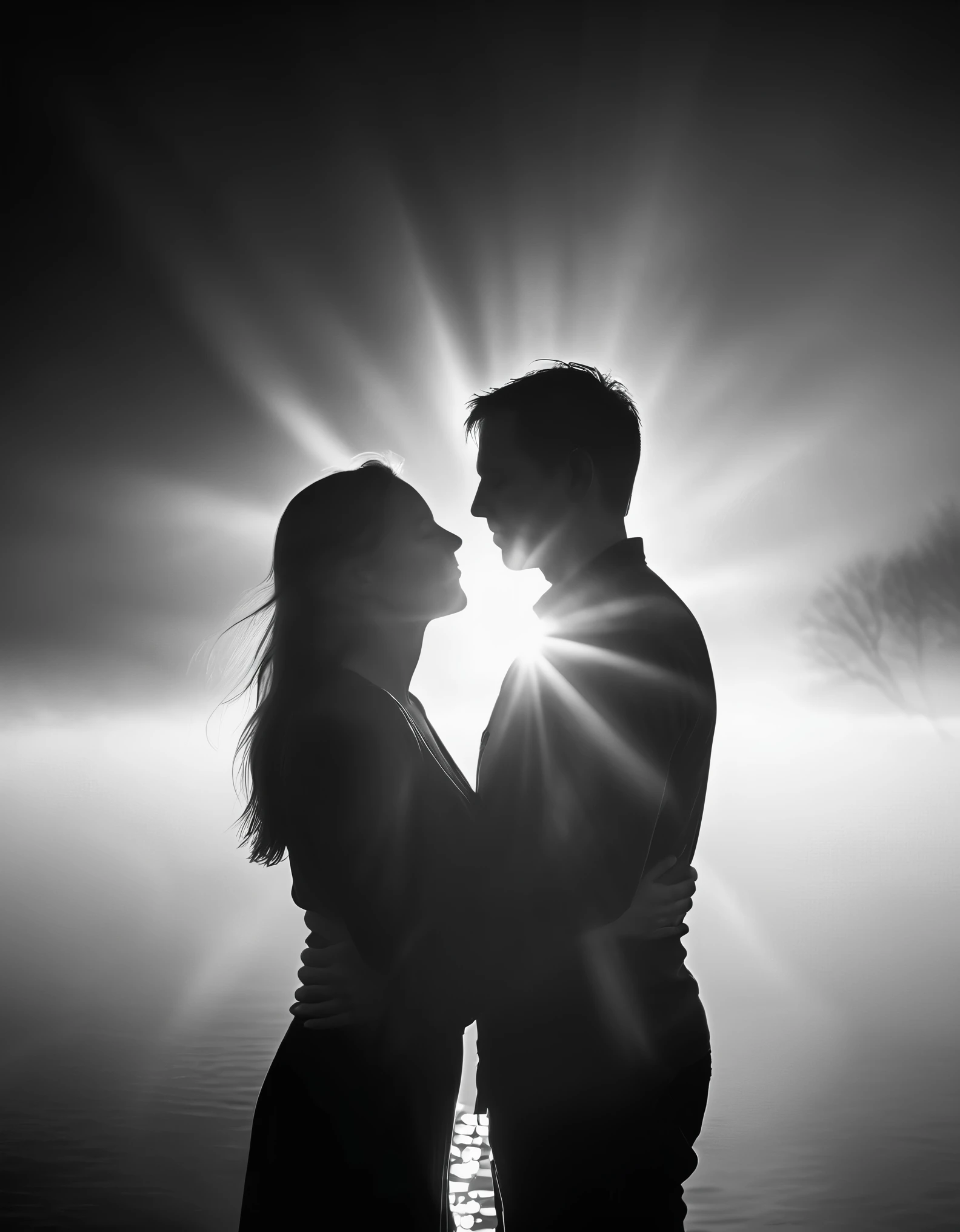 Dingdall effect, black and white photography, (sunlight shining through thin mist on hugging couples), (half body close-up), fog, beam of light, 32k uhd style, translucent water, high-definition photography, low angle, flowing strokes, Zen,