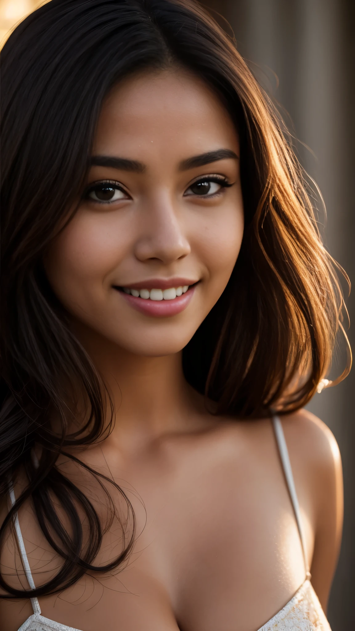 Beautiful mexican woman, 18 years old, portrait photo, close-up of face, smiling seductively, (skin texture:1.1), (high detail face:1.1),high detail body, high detail clotheasterpiece), (realistic), ultra high definition, 4k, ultra high resolution, film grain, cinematic lighting, rim lighting, photo by Mark Mann, RAW image