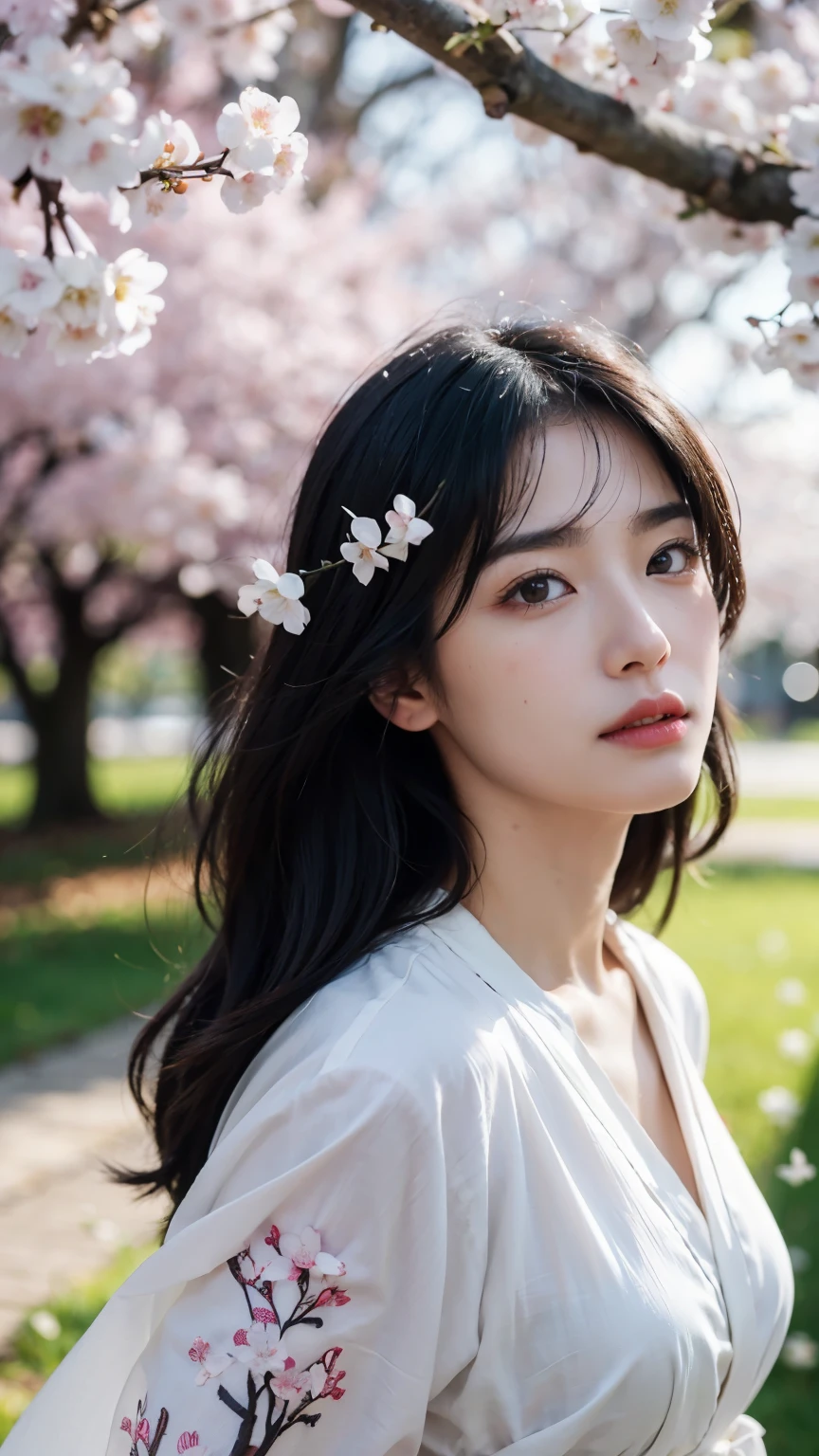 (logo、masterpiece、8k、table top、RAW photo、wonderful、最high quality、Photorealistic and hvery detailed CG integrated 8k wallpaper、high quality、very detailed、Narrative poem、particle effects、dynamic effects、written boundary depth、cinematic light、Lens flare、ray tracing)、fantasy、 (1 beautiful woman、white kimono、Japan Dress、white cherry blossom pattern、White cherry blossom embroidery pattern、black haired、beautiful face、real face、beautiful details eyes beautiful skin)、Hair flutters in Wind、hair bounces、pink cherry tree、petals dance、SakuraFubuki、wonderful景色、sunrise、sun on background、Wind、god々、teeth、god話、vast land、