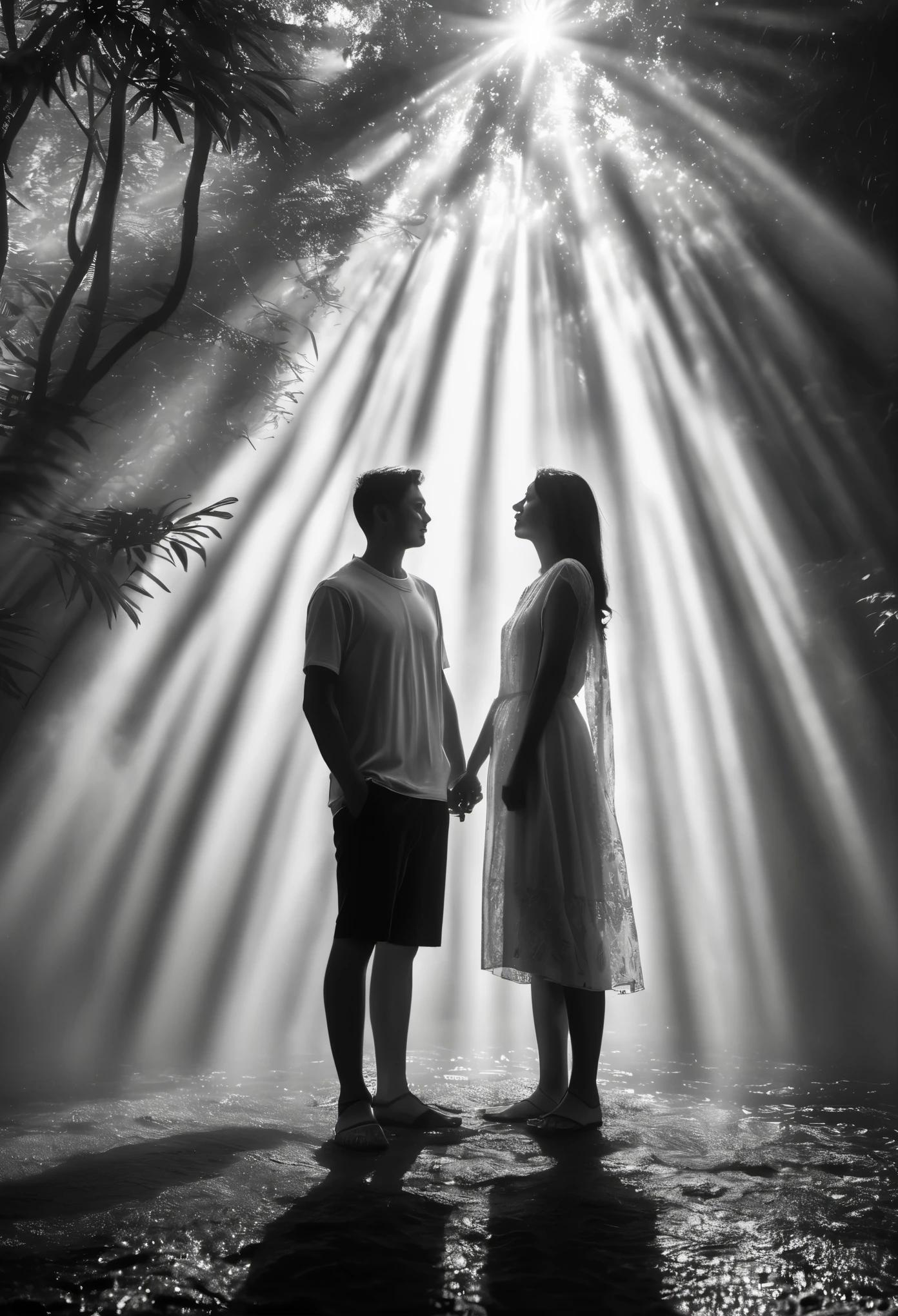 Dingdall effect, black and white photography (close-up of sunlight shining through thin mist on hugging couples), fog in tropical forests, beams of light, 32k uhd style, translucent water, high-definition photography, silver and green, low angle, flowing strokes,