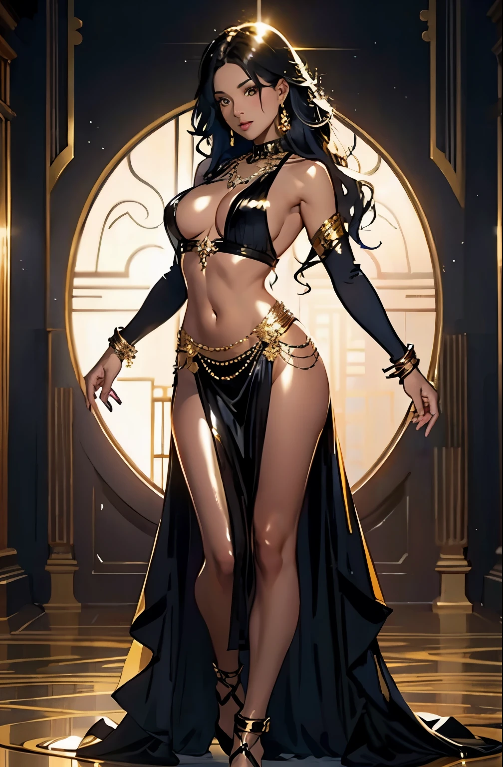 best quality, nsfw, extremely beautiful, beautiful face, long wavy dark hair, (Woman dark : 1.2), (Black skin : 1.2), (Shiny skin : 1.5), big breasts, long sexy black and gold dress neckline navel, black and gold breast curtains, long black and gold open_front_skirt, arousal pose, (extremely long necklace that goes down to the navel : 1.2)