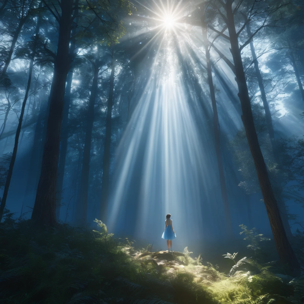 Tyndall Effect, aesthetic, extremely detailed, masterpiece, best quality, Tyndall effect, light beams, 1girl, solo, blue dress, thighhighs, standing, looking up, in forest, trees, sunlight rays, volumetric lighting, cinematic lighting, light rays, light scattering, volumetric fog, mist, atmosphere, photorealistic, 8k, unreal engine, octane render