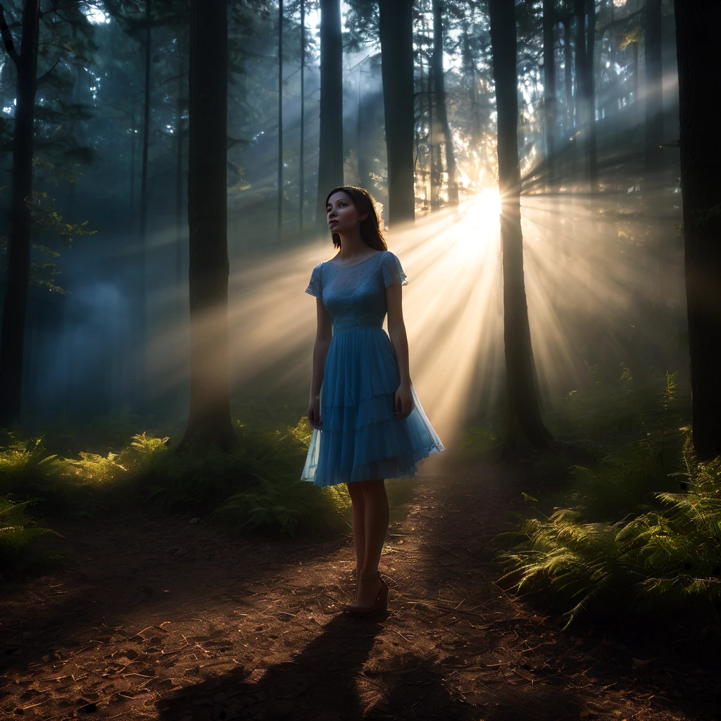 Tyndall Effect, aesthetic, extremely detailed, masterpiece, best quality, Tyndall effect, light beams, 1girl, solo, blue dress, thighhighs, standing, looking up, in forest, trees, sunlight rays, volumetric lighting, cinematic lighting, light rays, light scattering, volumetric fog, mist, atmosphere, photorealistic, 8k, unreal engine, octane render