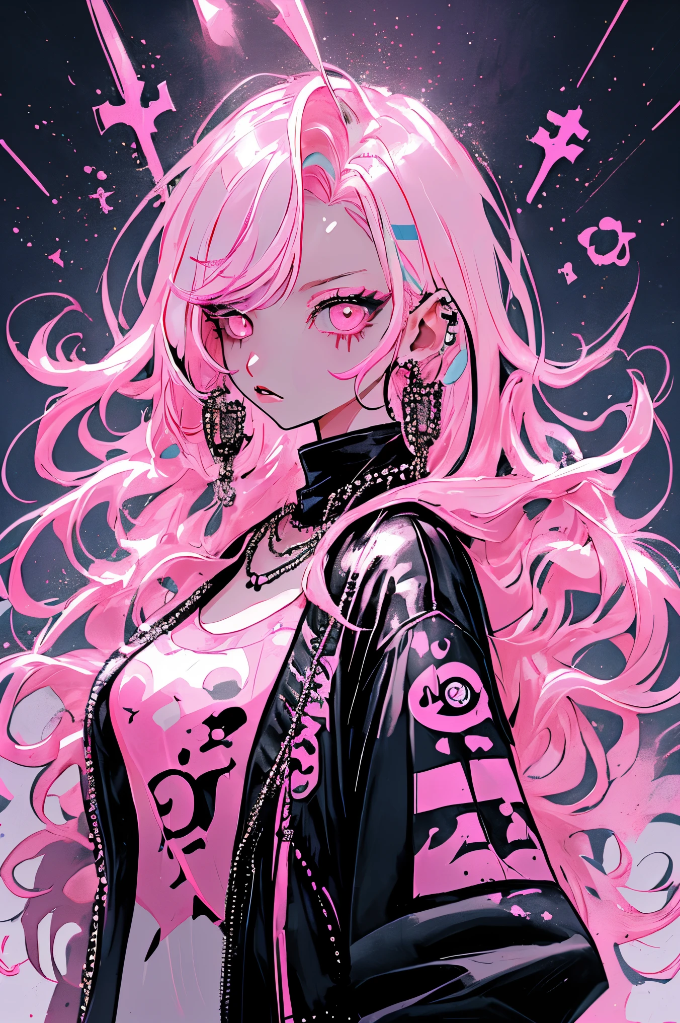 Niji Style, 1girl, solo, long hair, looking at viewer, eye glowing background, jewelry, closed mouth, jacket, upper body, pink hair, earrings, pink eyes, necklace, from side, sweater, lips, eyelashes, makeup, wavy hair, piercing, cross, lipstick, ear piercing, eyeshadow, hoop earrings, pink lips, multicolored eyes, pink theme, , pink eyeshadow,