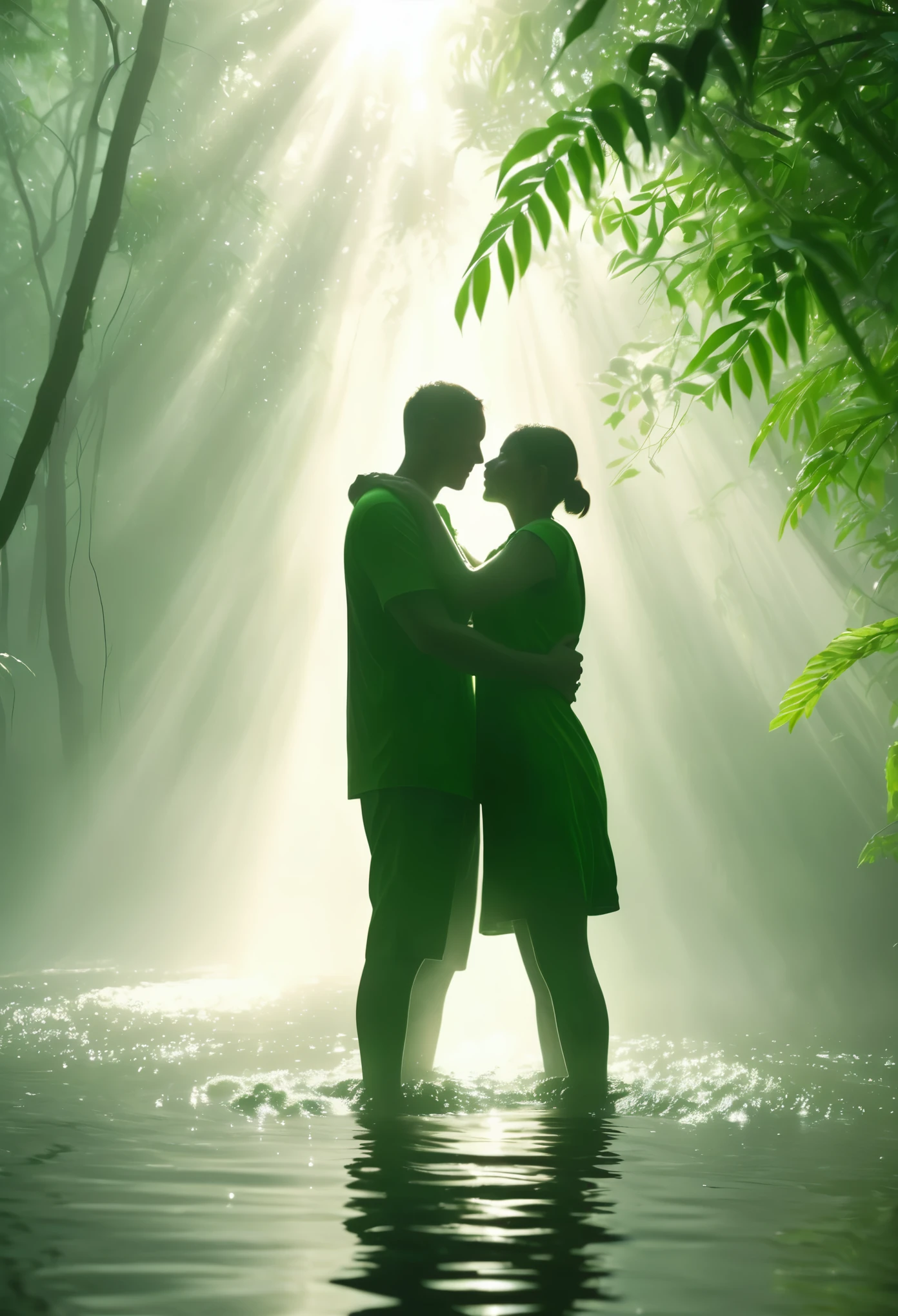 （close up），The Tindall effect (sunlight shining through thin mist on hugging couples), fog in tropical forests, 32k uhd style, semi transparent water, high-definition photography, silver and green, low angle, flowing strokes,