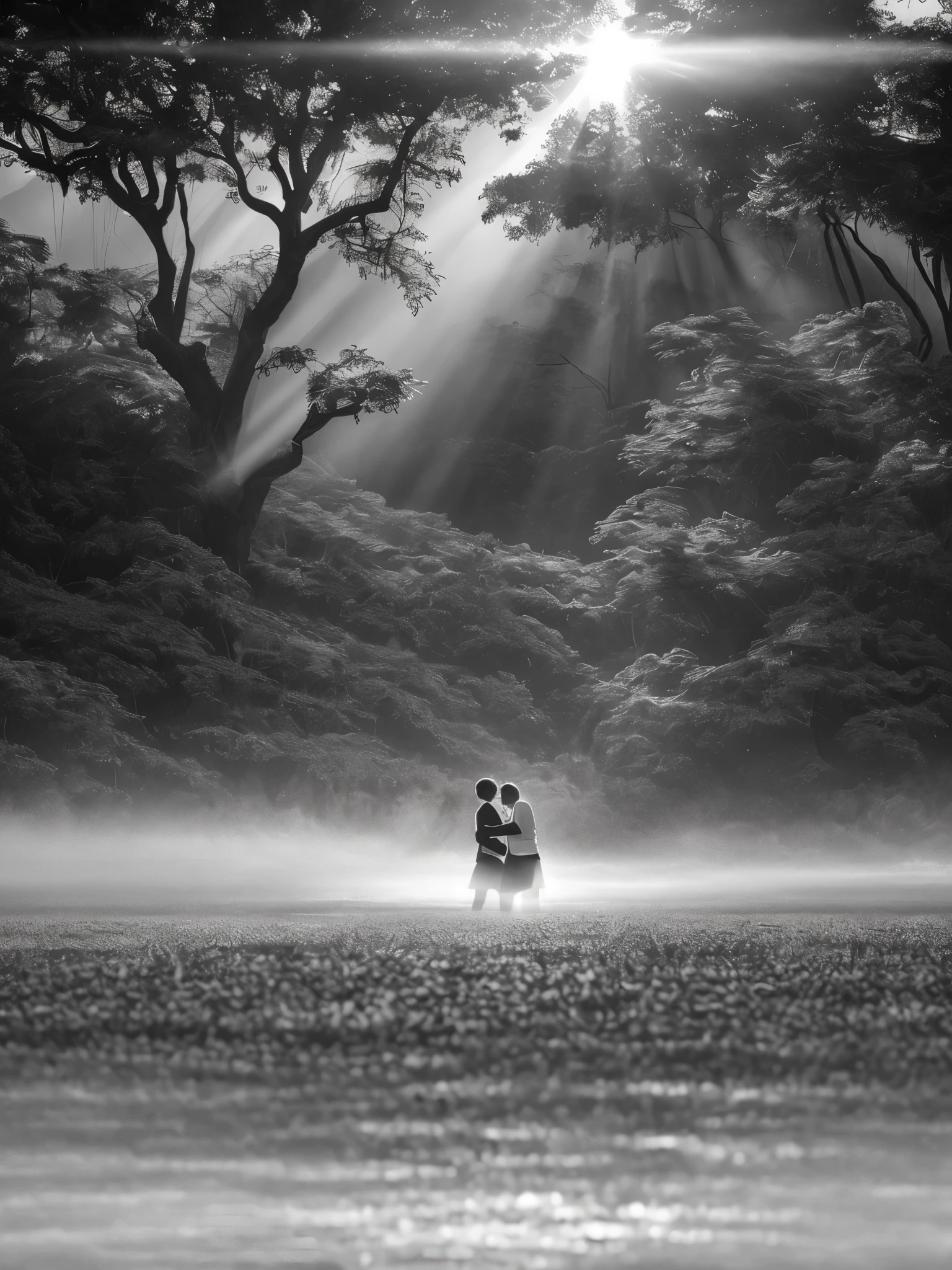 Tindall effect, black and white photography, (sunlight shining through thin mist on hugging couples), fog in tropical forests, 32k uhd style, semi transparent water, high-definition photography, silver and green, low angle, flowing strokes,