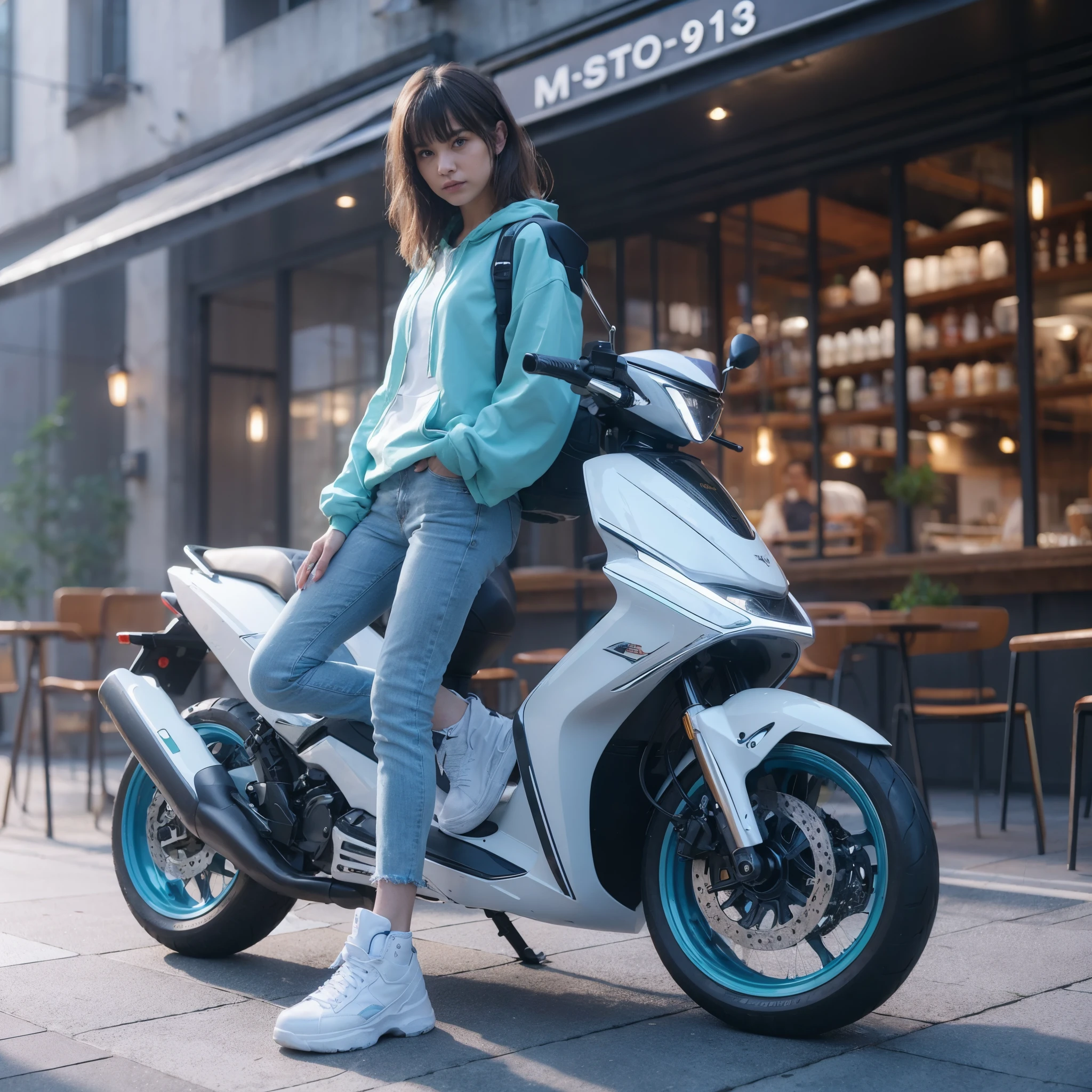 realistic automotive photography ((attractive 3-quarter low angle)) (((ultra detailed object))) a sporty stylish teenage japan girl (hyper realistic detail face) stylish Turquoise jacket & blue jeans posing with sleek new design Scooter Matic Bike Honda Beat, stylish simple shape, white body colour with graphic stripping, posing on a premium terrace of an edgy coffee shop (((realistic body texture))) ((3d well rendered)) wallpaper quality, take by hasselblad, medium lens, 8K