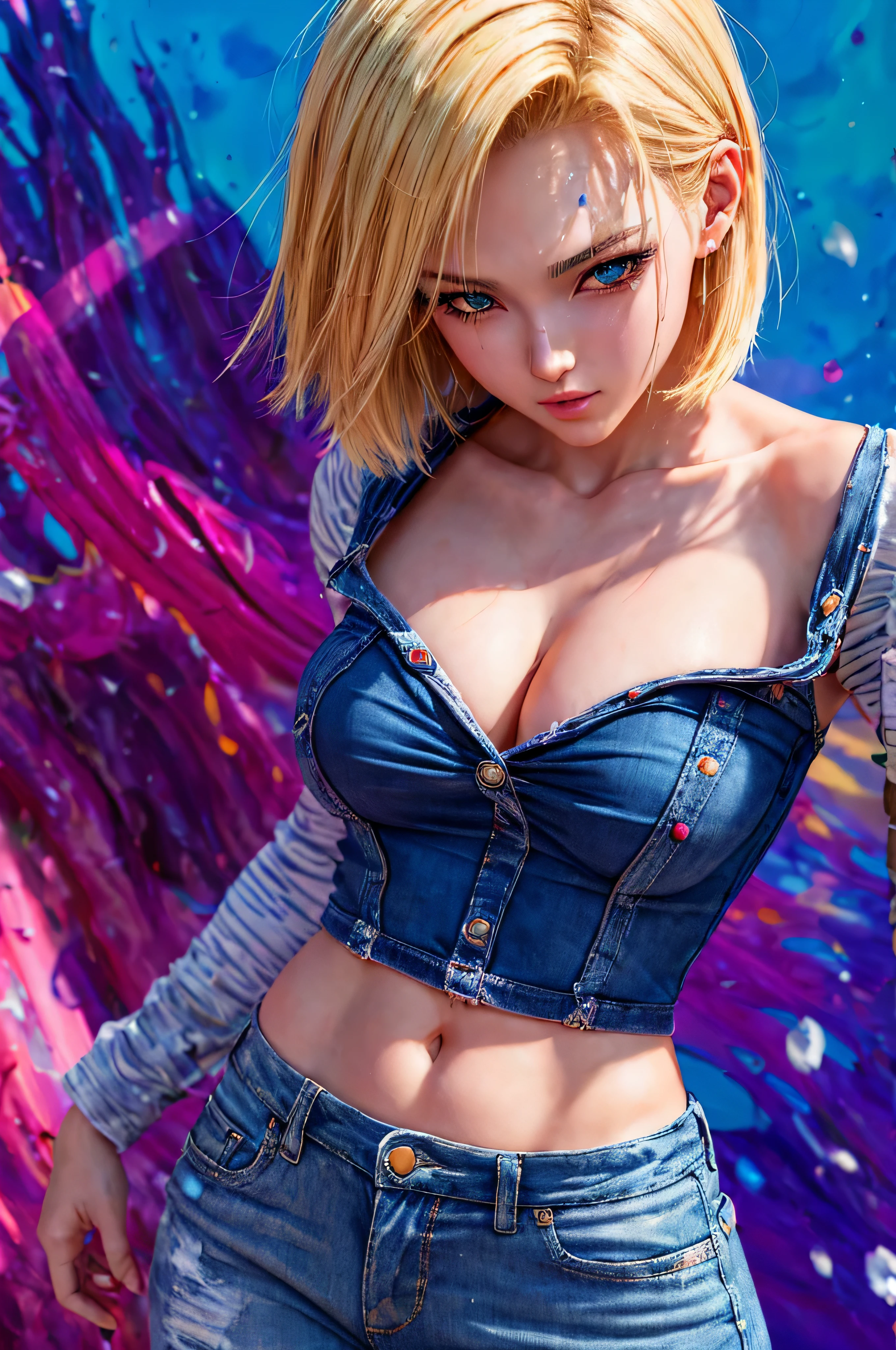 masterpiece, best quality, (extremely detailed CG unity 8k wallpaper, masterpiece, best quality, ultra-detailed, best shadow), (detailed background), (beautiful detailed face, beautiful detailed eyes), High contrast, (best illumination, an extremely delicate and beautiful),1girl,((colourful paint splashes on transparent background, dulux,)), ((caustic)), dynamic angle,beautiful detailed glow,full body, paint splash on face.  close up of a woman, anime girl with blonde short hair and blue jeans posing for a picture, realistic anime 3 d style, android 18, seductive anime girl, anime realism style, attractive anime girl, realistic shaded perfect body, realistic anime artstyle, perfectly shaded body, anime girl, realistic anime art style, beautiful alluring anime woman, looking like android 18,