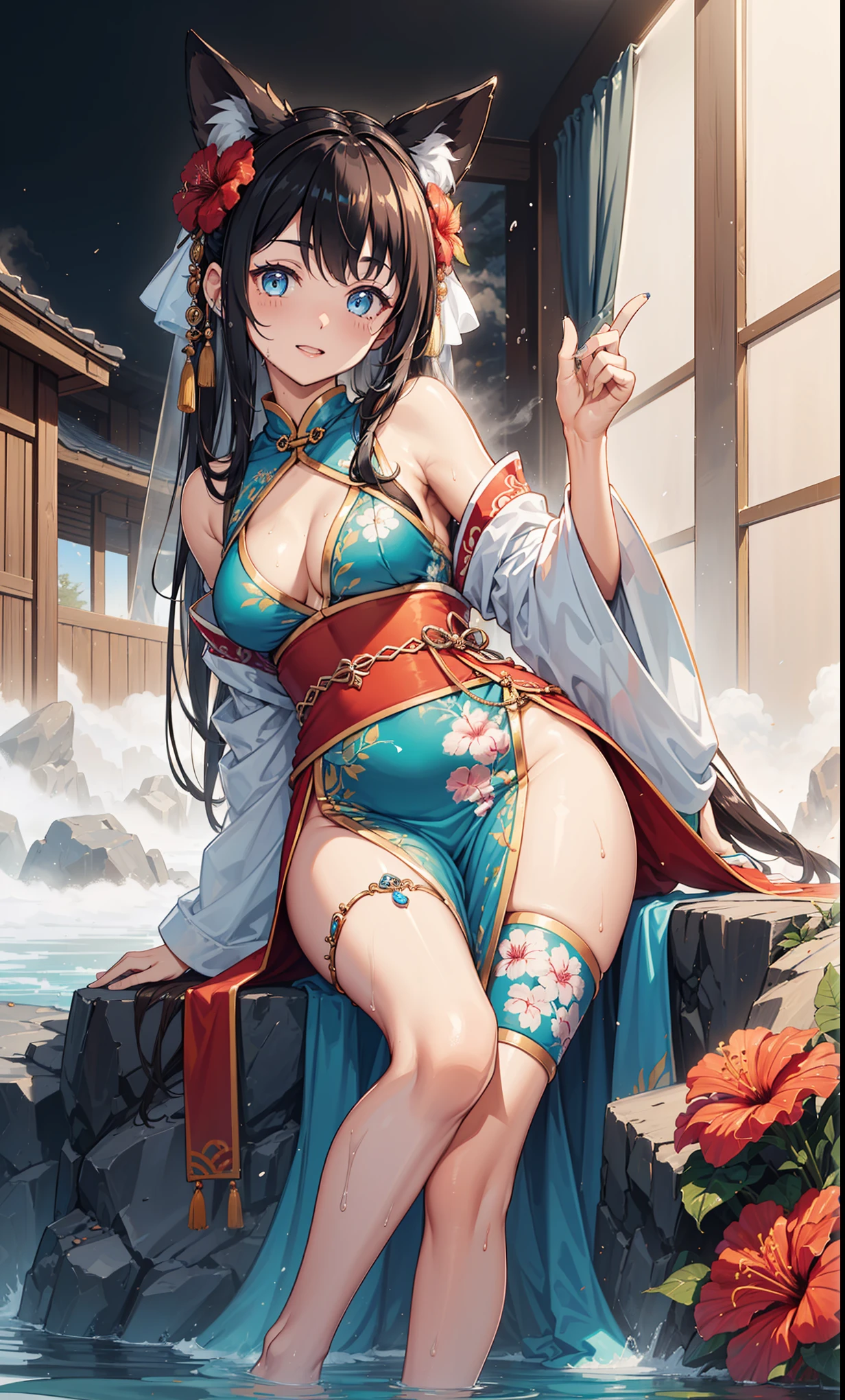 top quality,best resolution,(Drenched white long cheongsam),Super detailed, She has a white twin tail,young women,charm,Design intricate clothes,blue eyes,Vision cloud light paradise,Elegant and charming,((Wet people,A misty Chinese hot spring in the background,A lot of fog blocking the lens)),leg rings,anklet,night,little lighting,charm的姿势,Intricately designed clothing,Beautifully decorated,Water Hibiscus