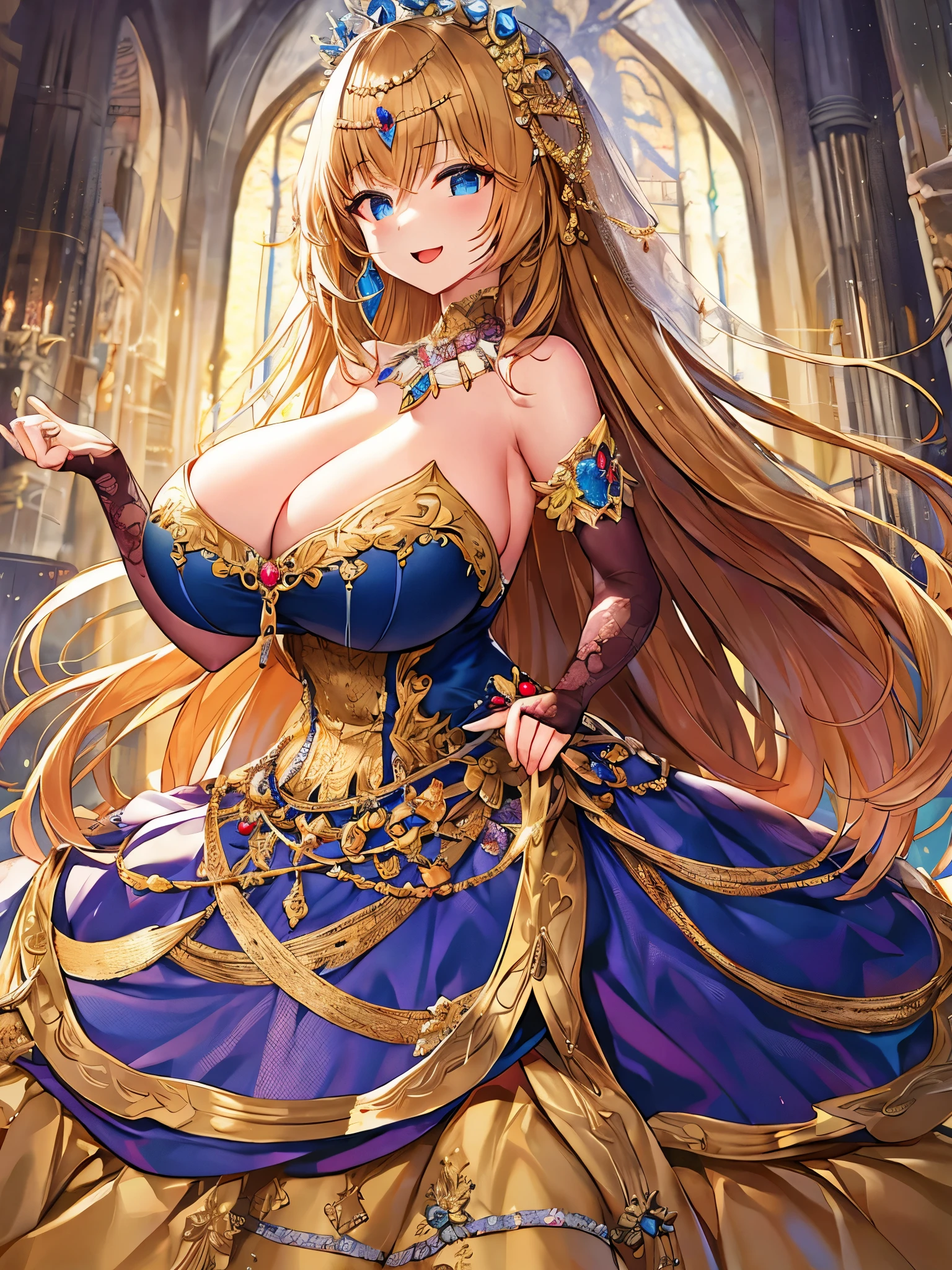 anime artstyle,Masterpiece,Best Quality,Super Detail,Very Delicate and Beautiful,Solo,((full body)),full body portrait,((1 bling-bling princess in a gorgeous embroidery rococo ballgown with jeweled)),(((very very gigantic tits,cleavage,curvy))),Skindentation,((Cathedral,church)),((crinoline,long train)),super detailed gorgeous ballgown with voluminous full length hoop skirt,gorgeous princess rococo ballgown with long train,((gorgeous princess rococo ballgown with beautiful embroidery and jeweled)),(detailed face and eyes),jewel-like eyes,((extremely voluminous straight Hair,Extremely Long Straight Hair)),extremely gorgeous hair ornament,((extremely gorgeous bling-bling big tiara)),bling-bling luxurious jewelry,Beautifully detailed lots of lace and ruffles,(Dynamic Angle),(((super detailed gorgeous princess rococo ballgown with voluminous full length hoop skirt))),full body