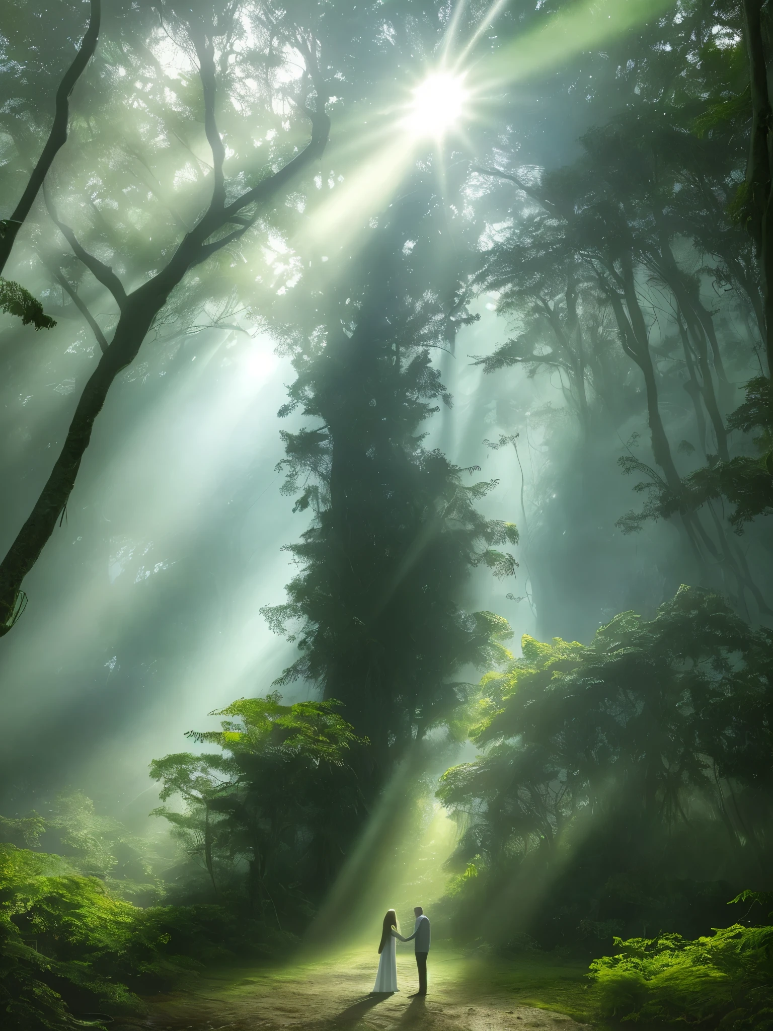 The Tindall effect (sunlight shining through thin mist on hugging couples), fog in tropical forests, 32k uhd style, semi transparent water, high-definition photography, silver and green, low angle, flowing strokes,