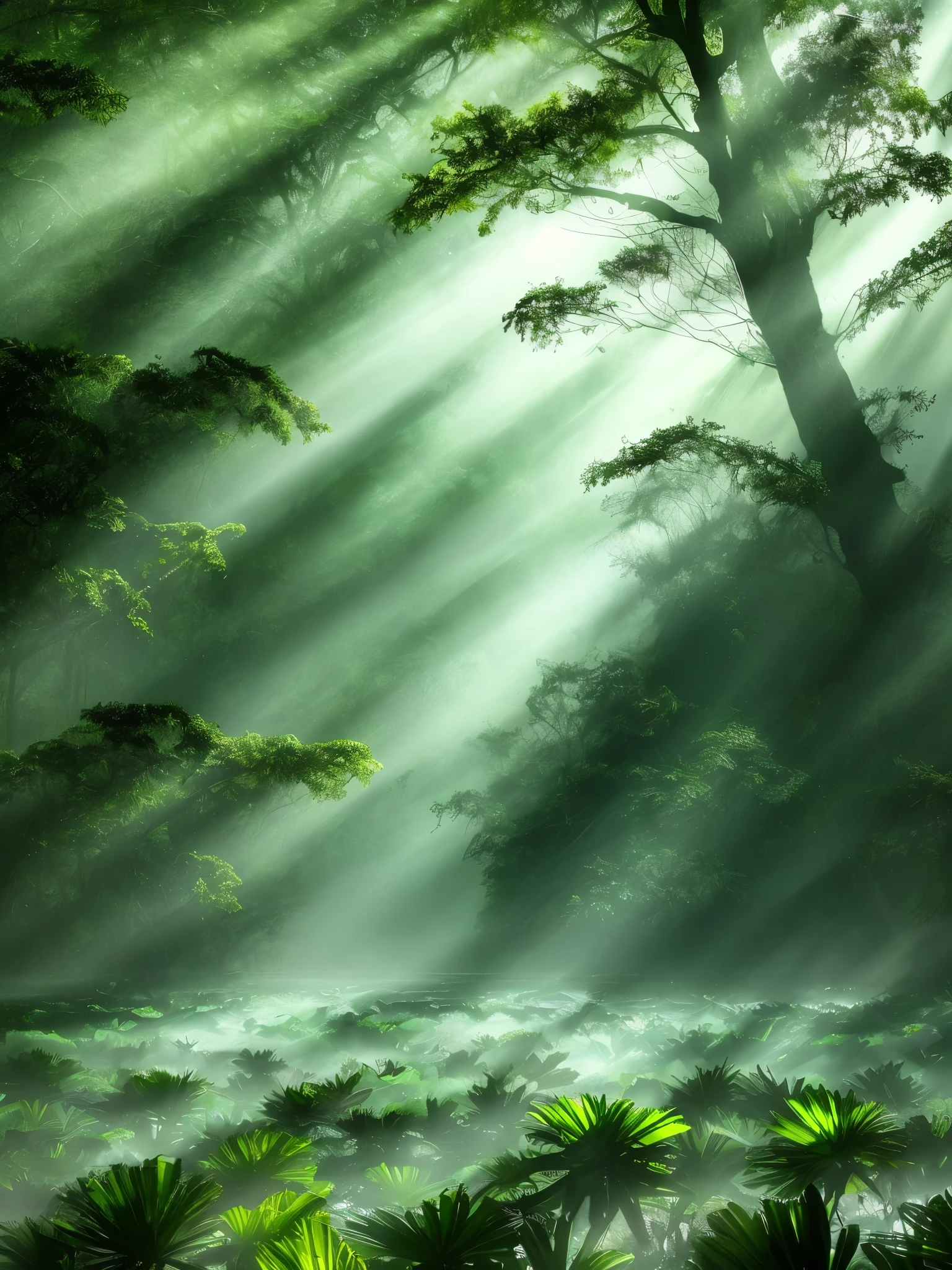 Dingdall effect, fog in tropical forests, sunlight shining through thin mist, 32k uhd style, semi transparent water, high-definition photography, silver and green, low angle, flowing strokes,