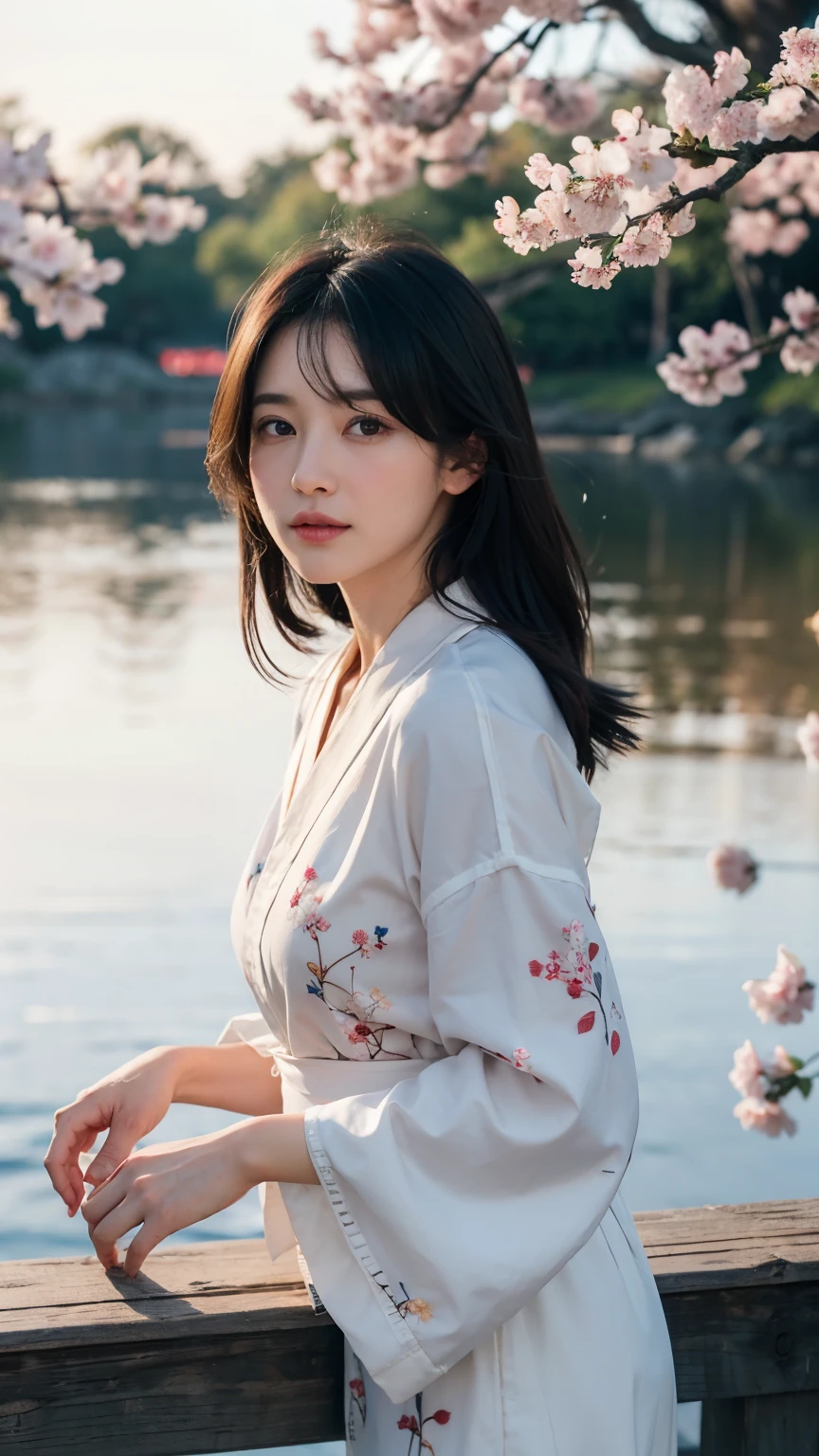 (logo、masterpiece、8k、table top、RAW photo、wonderful、最high quality、Photorealistic and hvery detailed CG integrated 8k wallpaper、high quality、very detailed、Narrative poem、particle effects、dynamic effects、written boundary depth、cinematic light、Lens flare、ray tracing)、fantasy、 (1 beautiful woman、white kimono、Japan Dress、white cherry blossom pattern、White cherry blossom embroidery pattern、black haired、beautiful face、real face、beautiful details eyes beautiful skin)、Hair flutters in Wind、hair bounces、pink cherry tree、petals dance、SakuraFubuki、wonderful景色、sunrise、sun on background、Wind、god々、teeth、god話、vast land、