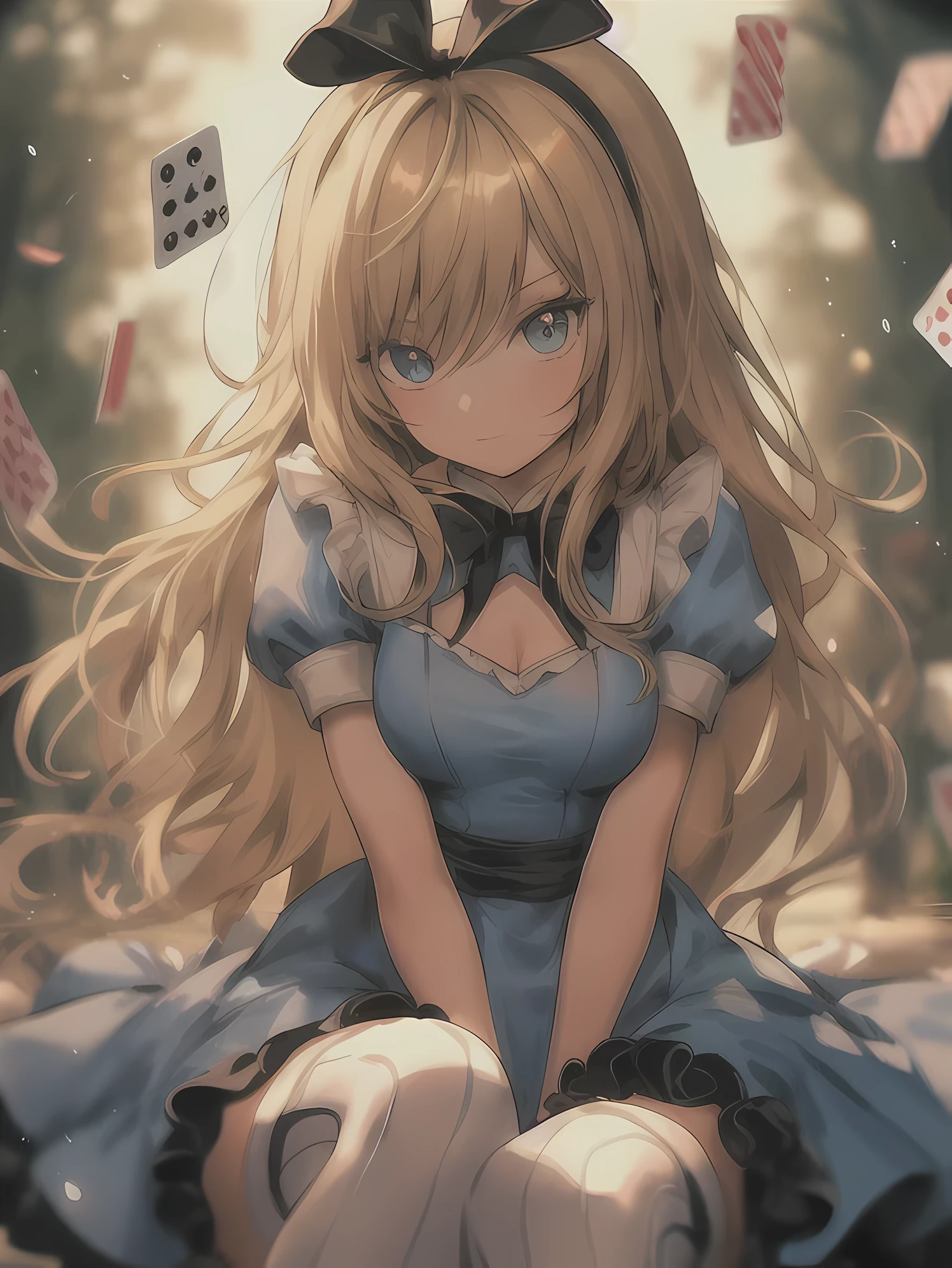 Close up of woman sitting on floor holding dice, alice in wonderland, guys, like alice in wonderland, Blonde long hair anime girl, Anime visual of a cute girl, Cute anime waifu wearing nice clothes, cute anime girl, Clean and detailed anime art, splash ink art anime loli, anime wallpaper, wear clothes