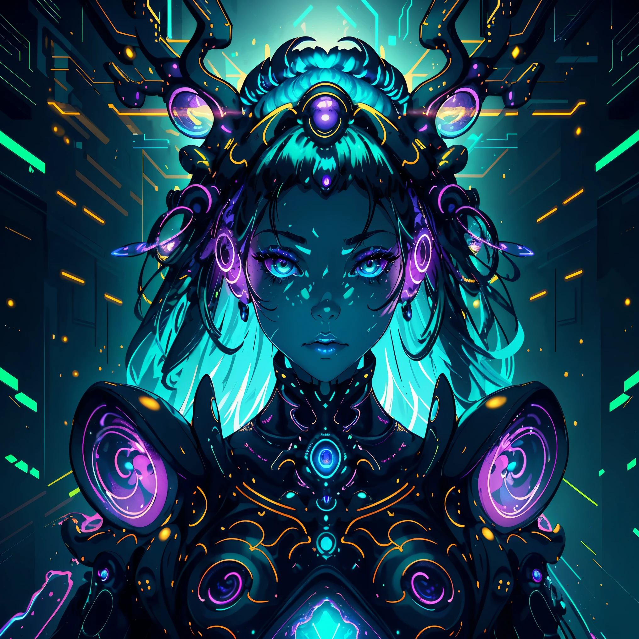 portrait | wide angle shot of eyes off to one side of frame, lucid dream-like woman, looking off in distance ::8 style | daydreampunk with glowing skin and eyes, styled in headdress, beautiful, she is dripping in neon lights, very colorful blue, green, purple, bioluminescent, glowing ::8 background | forest, vivid neon wonderland, particles, blue, green, purple ::7 parameters | rule of thirds, golden ratio, assymetric composition, hyper- maximalist, octane render, photorealism, cinematic realism, unreal engine, 8k