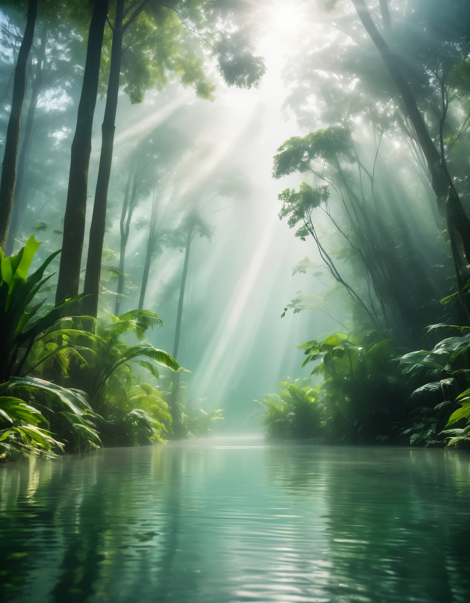 Dingdall effect, fog in tropical forests, sunlight shining through thin mist on hugging couples, 32k uhd style, semi transparent water, high-definition photography, silver and green, low angle, flowing strokes,