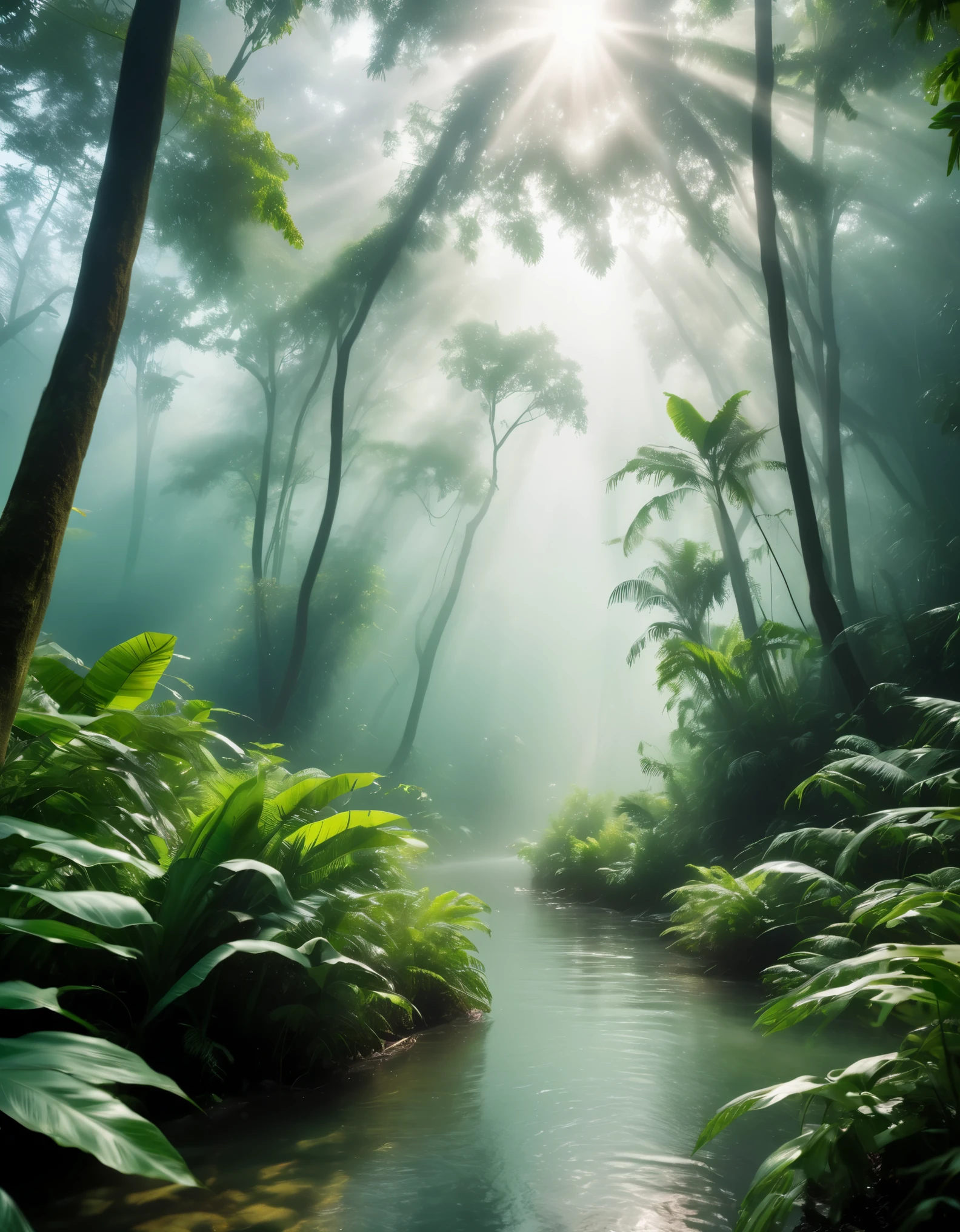 Dingdall effect, fog in tropical forests, sunlight shining through thin mist on hugging couples, 32k uhd style, semi transparent water, high-definition photography, silver and green, low angle, flowing strokes,