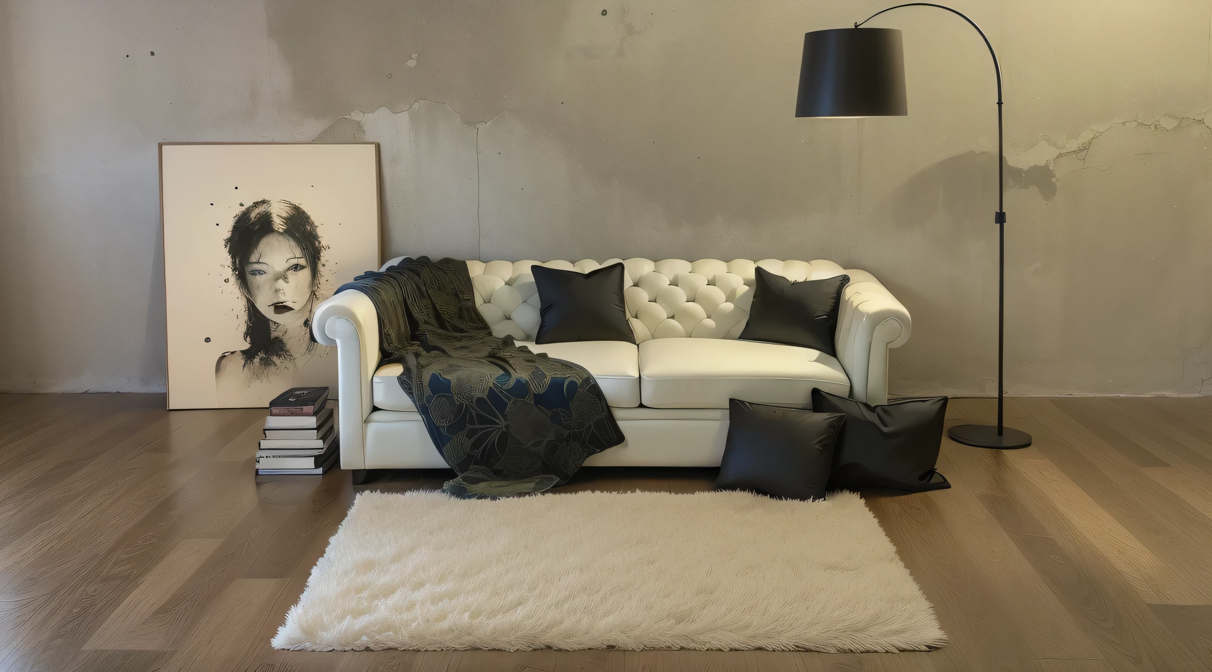 Living room with a close-up view,style of anime,A large sofa,against a wall,Two-dimensional style