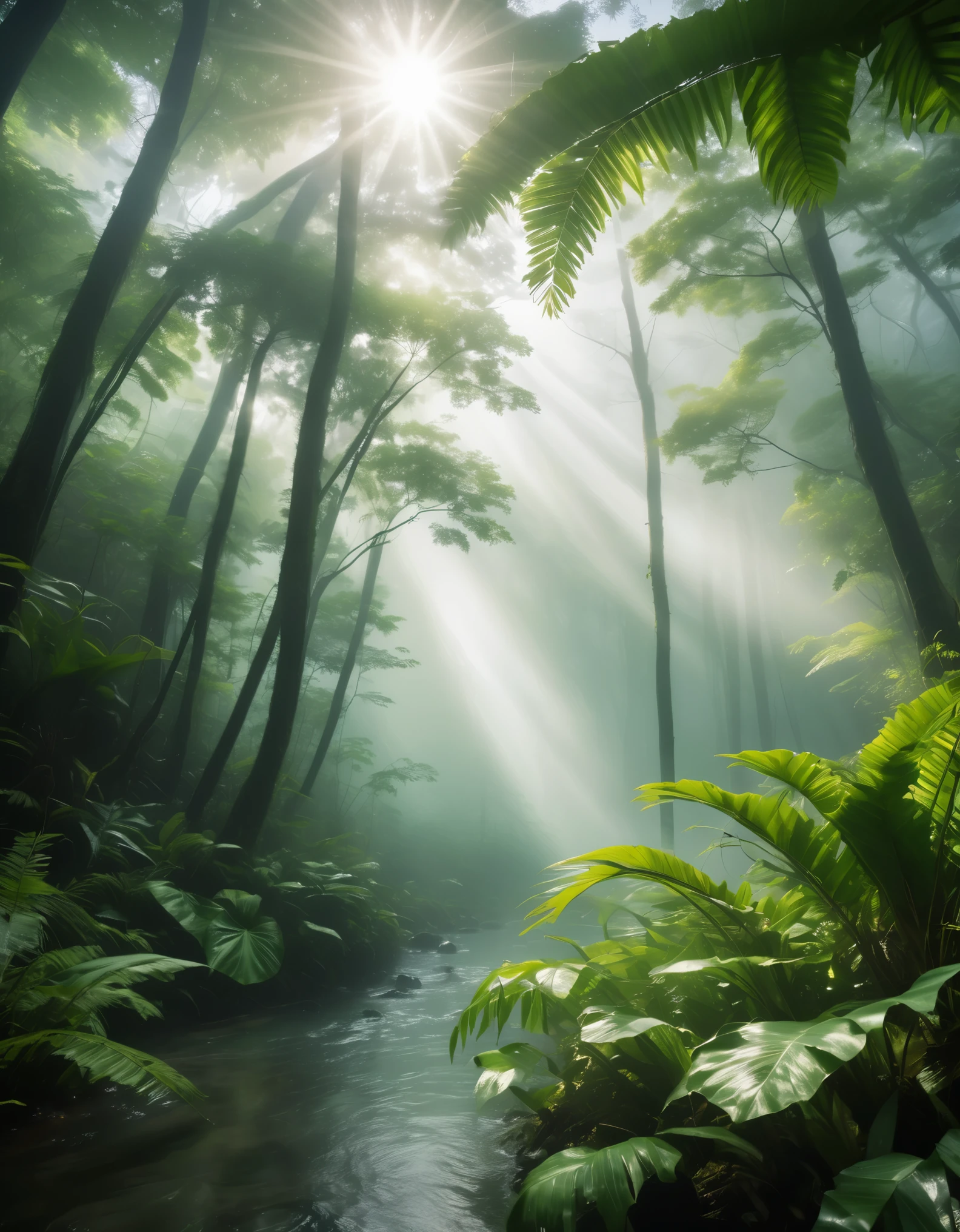 fog in a tropical forest with sunlight coming through the mist, in the style of 32k uhd, translucent water, japanese photography, silver and green, low-angle, flowing brushwor