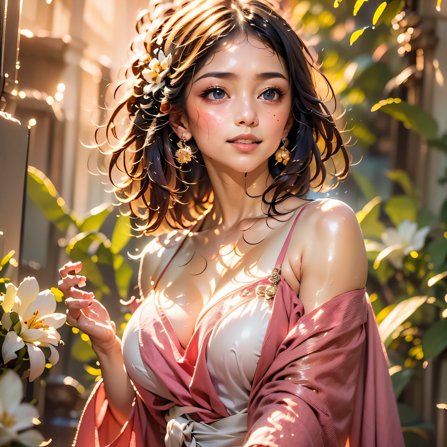 ((Best quality, ultra detail, realism: 1.37), (1 girl - solo, full-length, waist-high, loose - relaxed pose, standing), (fashionable pink dress, open shoulders, neckline, wide short bell, decorated with modern flowers)). ((Beautiful eyes, luscious lips, detailed facial features, gorgeous smile), (piercing seductive gaze, freckles, jewelry, wild and rebellious look, soft and charming lips, glossy lips), (luxurious jewelry, exquisite details of eyelashes and eyebrows, flawless complexion, radiant skin), (bewitching gaze, bright eyes), (sparkling diamonds, shimmering gems), (playful expression, natural beauty)). ((Settings, soft light, shadows). (background, composition in the Art Nouveau style - abstraction, complements the overall composition favorably). (wallpaper, Mango season, Green plum, Warm weather, Early morning sun, HD detail, wet watermark, Hyper detail, cinematic, surrealism, Soft light, Deep focus, bokeh, ray tracing, Diffusion (Ultra-thin glass reflection, and surrealism)).