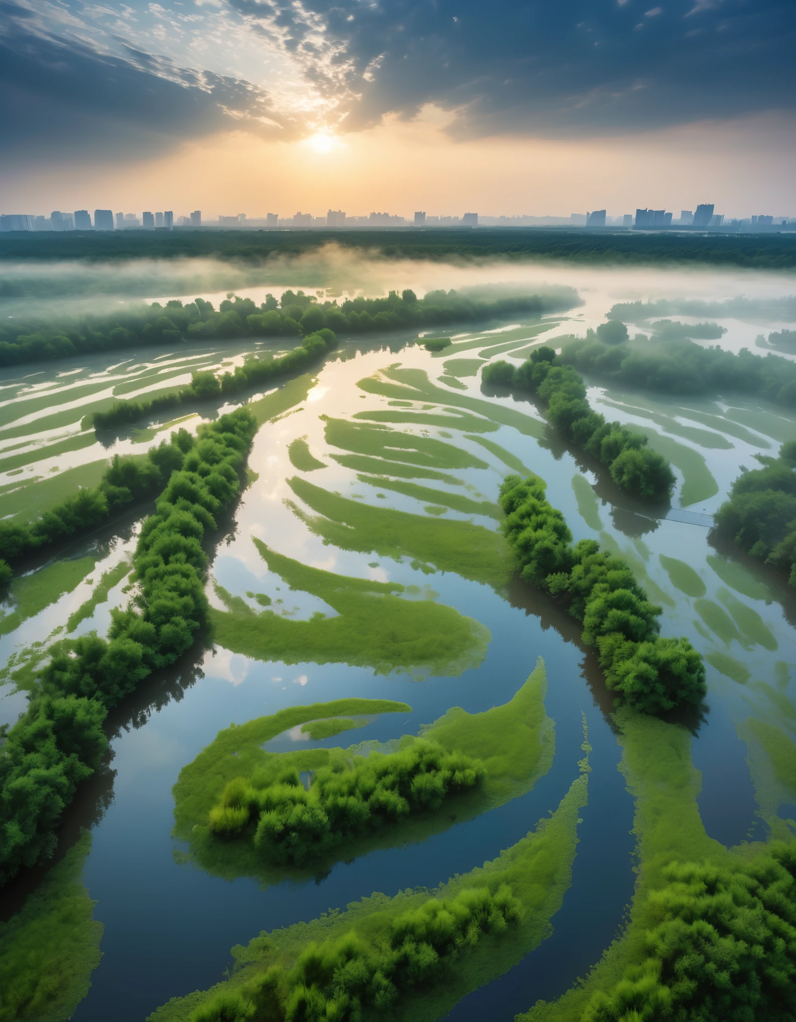 early morning,The "Tyndale effect" appears over Qionghai National Wetland Park in Xichang City, Liangshan Prefecture after the rain,Ray tracing,divine light,
