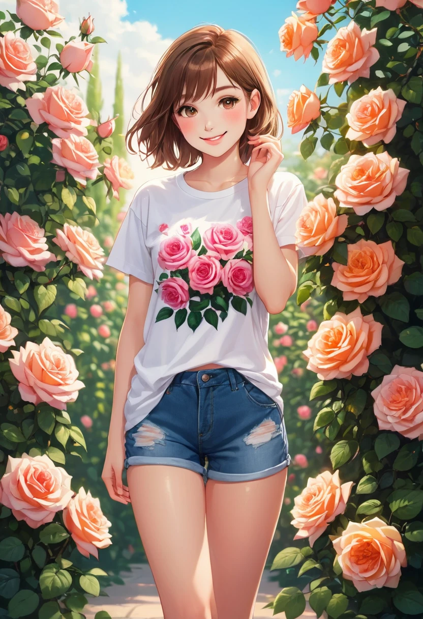 masterpiece, a young beautiful girl, smiling, looking at camera, standing in front of a rose bush, Wearing shorts and a T-shirt, white sneakers. Wearing a top and shorts, flowers, Full body image, casual gesture, Slender legs