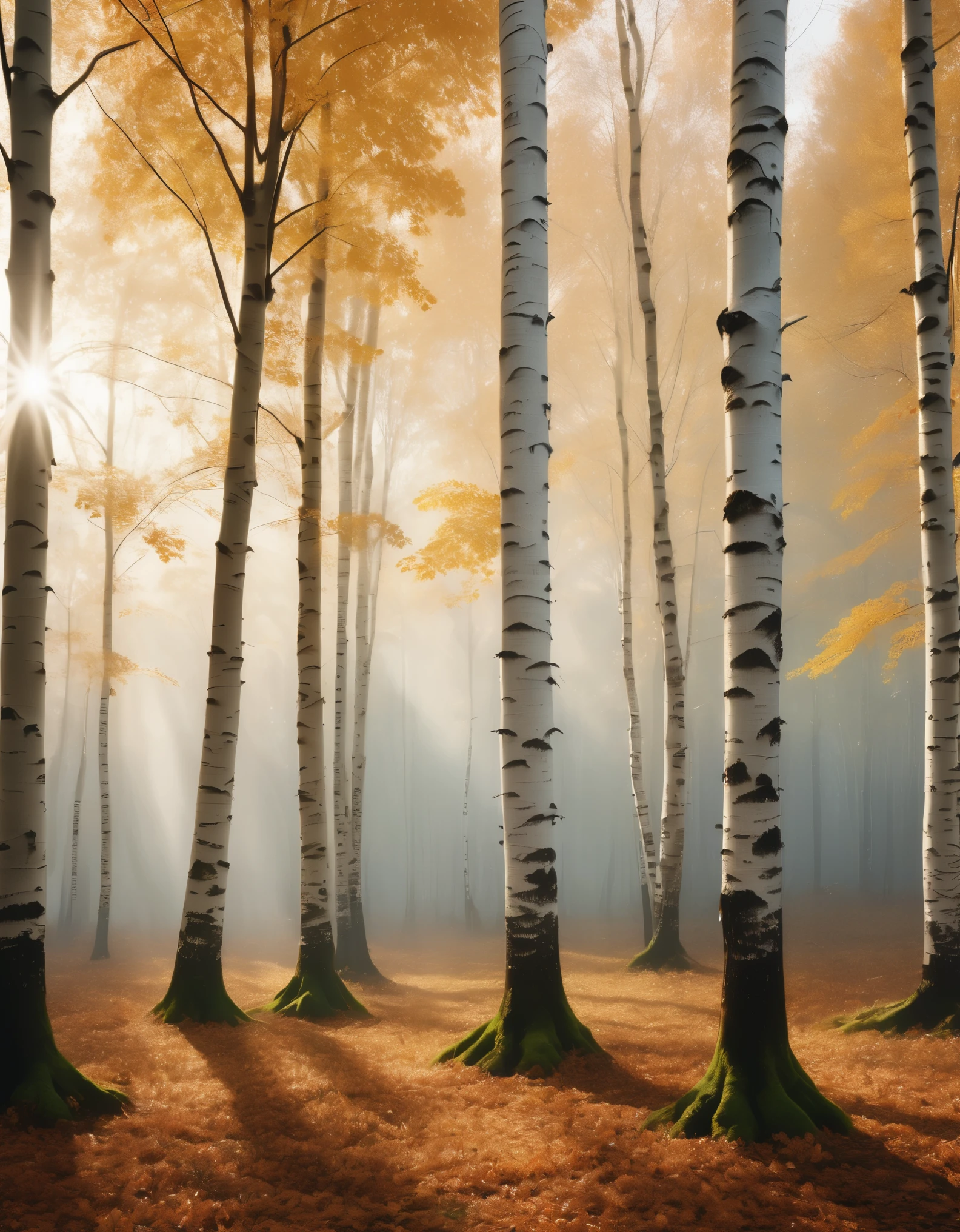 (best quality,4k,8k,highres,masterpiece:1.2),ultra-detailed,realistic,autumn morning in a dense birch forest,sunlight filtering through the branches and leaves to create ethereal beams of light dappled across the forest floor, similar to the phenomenon known as the Tyndall effect. 

[Enchanting woodland] with [majestic ancient birch trees] standing tall, their stark white trunks contrasting against the vibrant fall foliage. 
[Golden sunlight] pierces through the [lush foliage] and [dance-filled atmosphere], casting a surreal glow on the forest floor.
[Whispering leaves] rustle softly in the gentle breeze, creating a soothing symphony of nature's melody. 
[Morning mist] adds an air of mystery and enchantment, setting the stage for a magical experience.

[Delicate sunbeams] create a mesmerizing spectacle as they break through the dense canopy, illuminating the forest with their warm and inviting glow.
[Misty tendrils] gently caress the trunks of the birch trees, adding a touch of mystique to the scene.
[Glittering dewdrops] adorn the leaves, sparkling like diamonds in the early morning light, adding a sense of freshness and vitality.

[Soft earthy scents] fill the air, a symphony of autumn fragrances - damp moss, fallen leaves, and the earthy aroma of the forest.
[Flourishing mushrooms] peek out from the forest floor, their vibrant colors contrasting against the muted tones of the fallen leaves.
[Fleeting wildlife] darts through the underbrush, hidden yet ever-present, adding an element of life and excitement.

[Painted with skillful brushstrokes], this masterpiece captures the essence of the autumn birch forest, with its serene beauty and tranquil atmosphere.
[Incredible attention to detail] brings the scene to life, allowing one to almost feel the gentle breeze and hear the rustling leaves.

The overall color palette is a harmonious blend of warm autumn hues - golden yellows, fiery oranges, and rich browns, creating a visually captivating experience.
The lighting in