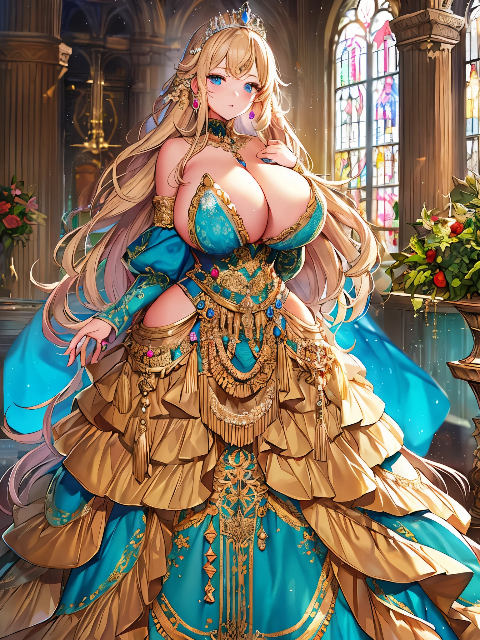 anime artstyle,Masterpiece,Best Quality,Super Detail,Very Delicate and Beautiful,Solo,((full body)),full body portrait,((1 bling-bling princess in a gorgeous embroidery rococo ballgown with jeweled)),(((very very gigantic tits,cleavage,curvy))),Skindentation,((Cathedral,church)),((crinoline,long train)),super detailed gorgeous ballgown with voluminous full length hoop skirt,gorgeous princess rococo ballgown with long train,((gorgeous princess rococo ballgown with beautiful embroidery and jeweled)),(detailed face and eyes),jewel-like eyes,((extremely voluminous straight Hair,Extremely Long Straight Hair)),extremely gorgeous hair ornament,((extremely gorgeous bling-bling big tiara)),bling-bling luxurious jewelry,Beautifully detailed lots of lace and ruffles,(Dynamic Angle),(((super detailed gorgeous princess rococo ballgown with voluminous full length hoop skirt))),full body