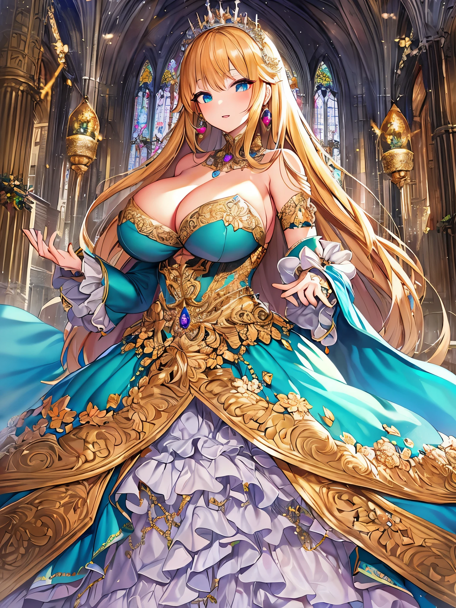 anime artstyle,Masterpiece,Best Quality,Super Detail,Very Delicate and Beautiful,Solo,((full body)),full body portrait,((1 bling-bling princess in a gorgeous embroidery rococo ballgown with jeweled)),(((very very gigantic tits,cleavage,curvy))),Skindentation,((Cathedral,church)),((crinoline,long train)),super detailed gorgeous ballgown with voluminous full length hoop skirt,gorgeous princess rococo ballgown with long train,((gorgeous princess rococo ballgown with beautiful embroidery and jeweled)),(detailed face and eyes),jewel-like eyes,((extremely voluminous straight Hair,Extremely Long Straight Hair)),extremely gorgeous hair ornament,((extremely gorgeous bling-bling big tiara)),bling-bling luxurious jewelry,Beautifully detailed lots of lace and ruffles,(Dynamic Angle),(((super detailed gorgeous princess rococo ballgown with voluminous full length hoop skirt))),full body