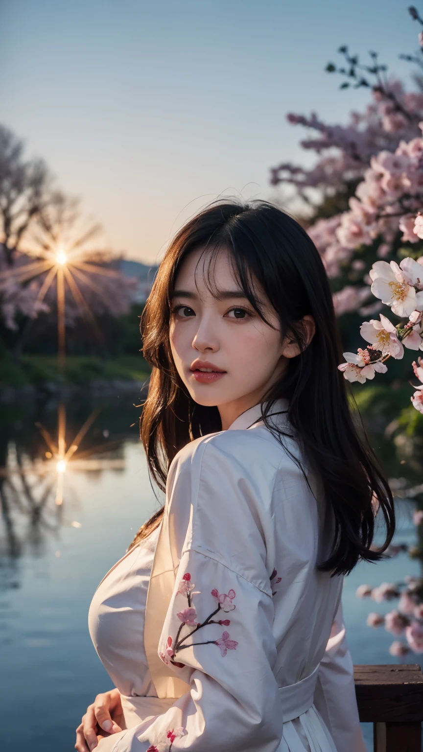 (logo、masterpiece、8k、table top、RAW photo、wonderful、最high quality、Photorealistic and hvery detailed CG integrated 8k wallpaper、high quality、very detailed、Narrative poem、particle effects、dynamic effects、written boundary depth、cinematic light、Lens flare、ray tracing)、fantasy、 (1 beautiful woman、white kimono、Japan Dress、white cherry blossom pattern、White cherry blossom embroidery pattern、black haired、beautiful face、real face、beautiful details eyes beautiful skin)、Hair flutters in Wind、hair bounces、pink cherry tree、petals dance、SakuraFubuki、wonderful景色、sunrise、sun on background、Wind、god々、teeth、god話、vast land、