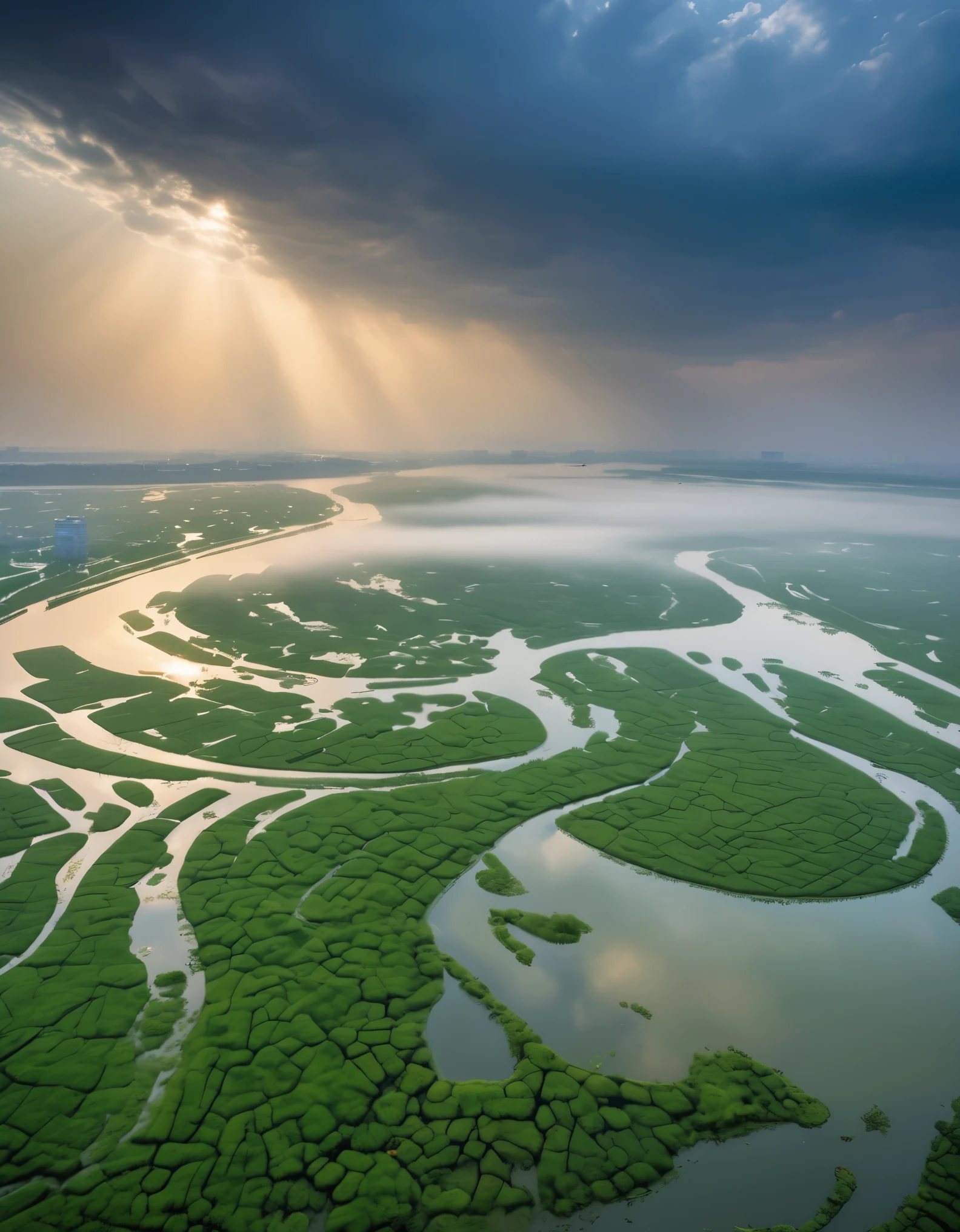 early morning,The "Tyndale effect" appears over Qionghai National Wetland Park in Xichang City, Liangshan Prefecture after the rain