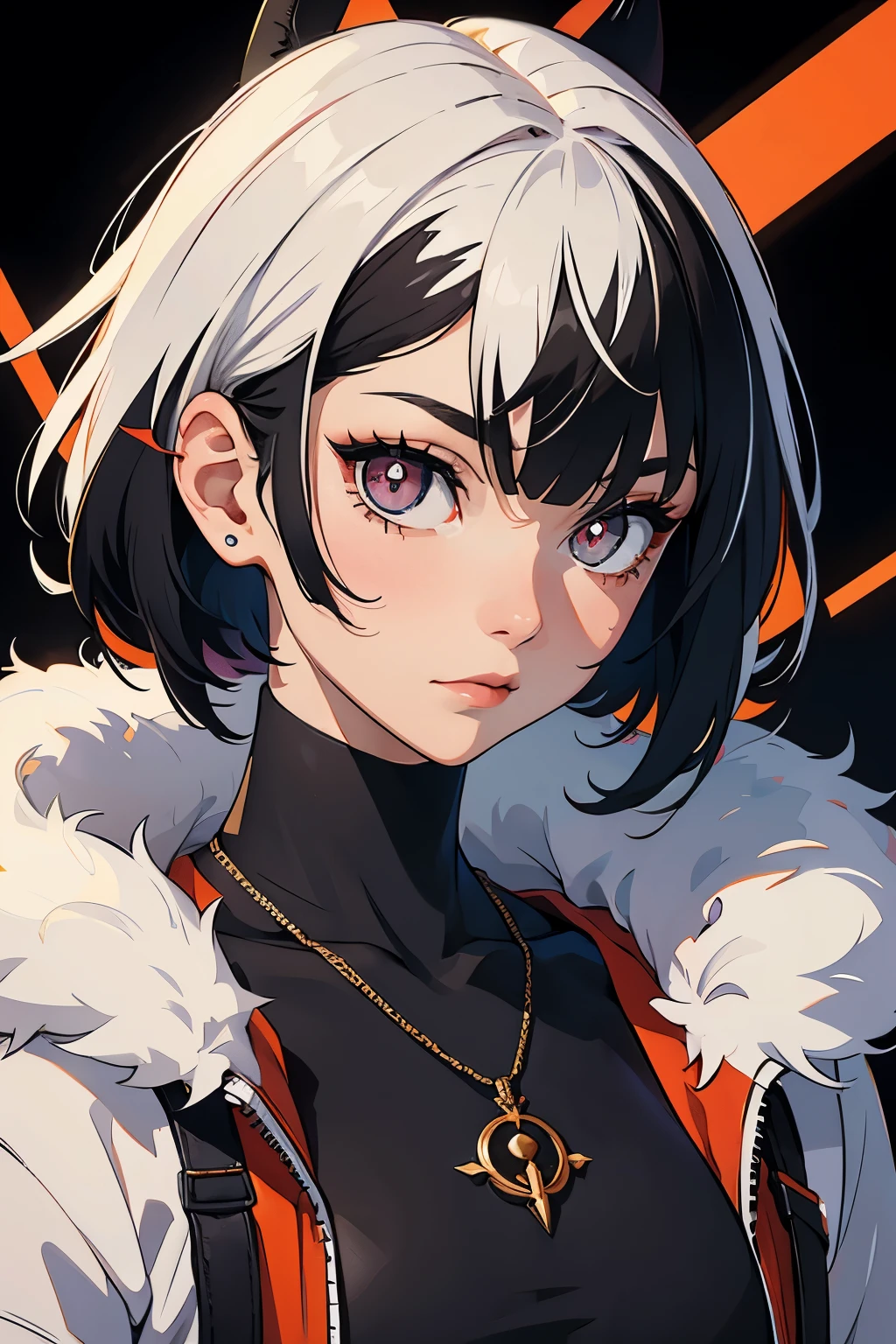 1girl, solo, multicolored_hair, x-shaped_pupils, black_hair, symbol-shaped_pupils, black_eyes, looking_at_viewer, fur_trim, white_hair, short_hair, streaked_hair, hair_between_eyes, red_pupils, bangs, closed_mouth, portrait, fur-trimmed_coat, coat, two-tone_hair, black_background