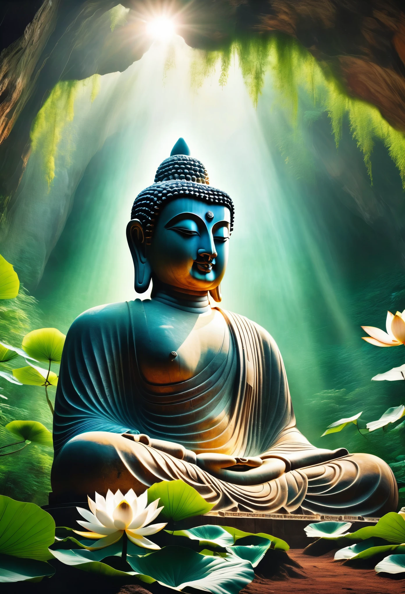 (best quality, high resolution, Super detailed), Surrealism, Realistic texture, Buddha statue in a cave, Be one with nature, Tyndall light shot, Realistic skin texture, Depth and size, Holy Aura, peaceful atmosphere，mist，Light laser exposure，Tyndall effect:1.37，The beam shines on the face of the stone statue，Ancient stone Buddha statue buried in the soil，Moss on the stone statue，Sunlight shines in from the window，light shines on face：1.37，Lush plants：1.37，moist，glowing insects，A white lotus flower，The contours of the face are clear
