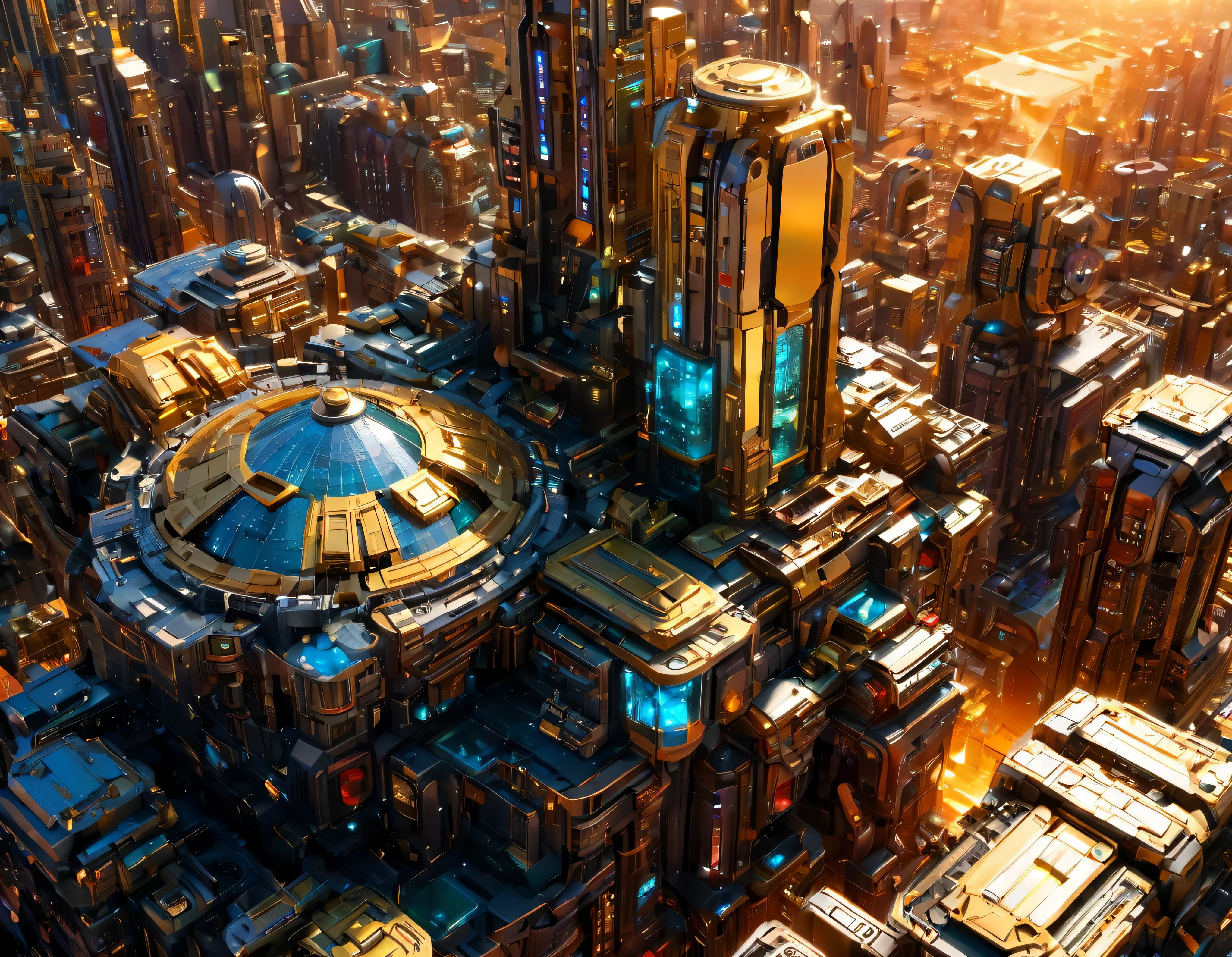 (golden hour lighting), megacity, megalopolis of an imaginary world of science fiction and maximum fantasy, con inmensos edificios y rascacielos ovalados y dodecaedricos agrupados de metal y cristal donde predomina la plata y los anuncios luminosos de colores. imagen bien definida 8k, (intrincados detalles de la maquina), con muchos edificios juntos.(obra maestra de superior calidad).(imagen fotorrealista), nitidez absoluta hasta el fondo