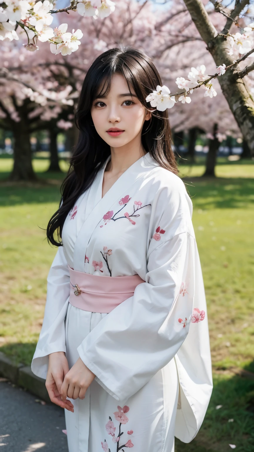 (logo、masterpiece、8k、table top、RAW photo、wonderful、最high quality、Photorealistic and hvery detailed CG integrated 8k wallpaper、high quality、very detailed、Narrative poem、particle effects、dynamic effects、written boundary depth、cinematic light、Lens flare、ray tracing)、fantasy、 (1 beautiful woman、white kimono、Japan Dress、white cherry blossom pattern、White cherry blossom embroidery pattern、black haired、beautiful face、real face、beautiful details eyes beautiful skin)、Hair flutters in Wind、hair bounces、pink cherry tree、petals dance、SakuraFubuki、wonderful景色、sunrise、sun on background、Wind、god々、teeth、god話、vast land、