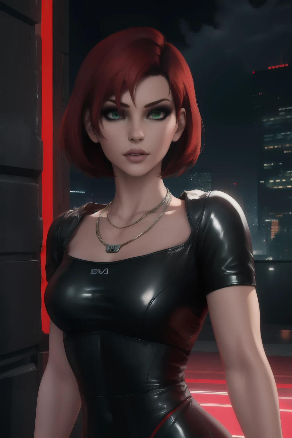 Jane, solo,short hair,red hair,green eyes,
Shepard, black dress,  necklace, 
standing, upper body, 
night club, neon lights, (insanely detailed, beautiful detailed face, masterpiece, best quality)  