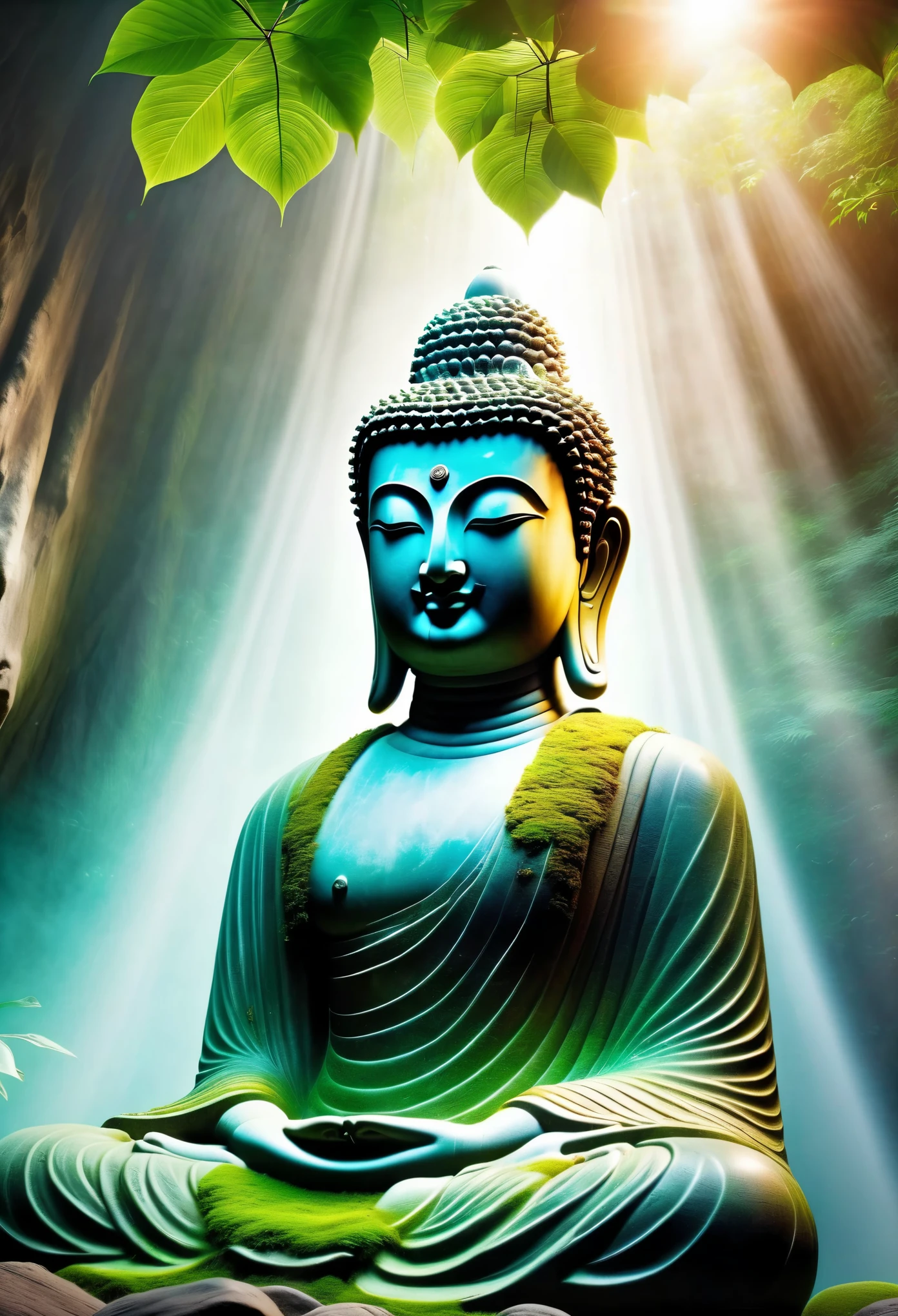 (best quality, high resolution, Super detailed), Surrealism, Realistic texture, Buddha statue in a cave, Be one with nature, Tyndall light shot, Realistic skin texture, Depth and size, Holy Aura, peaceful atmosphere，mist，Light laser exposure，Tyndall effect:1.37，The beam shines on the face of the stone statue，Ancient stone Buddha statue buried in the soil，Moss on the stone statue，Sunlight shines in from the window，light shines on face：1.37，Lush plants：1.37，obscured by lush vegetation