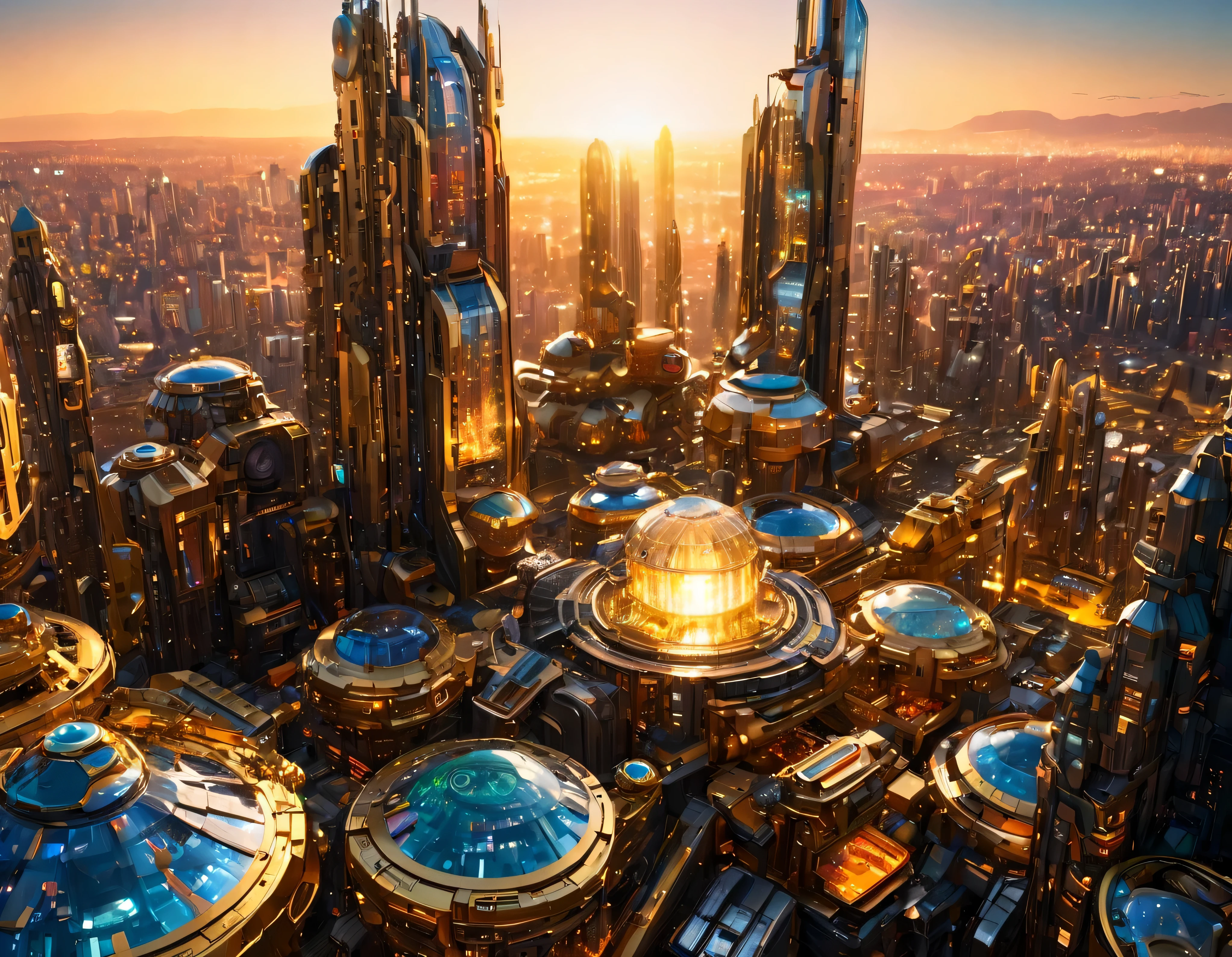 (golden hour lighting), megacity, megalopolis of an imaginary world of science fiction and maximum fantasy, con inmensos edificios y rascacielos ovalados y dodecaedricos agrupados de metal y cristal donde predomina la plata y los anuncios luminosos de colores. imagen bien definida 8k, (intrincados detalles de la maquina), con muchos edificios juntos.(obra maestra de superior calidad).(imagen fotorrealista), nitidez absoluta hasta el fondo