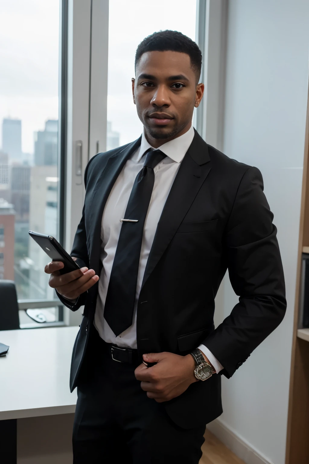 (best quality,highres:1.2),black business man,confident,sharp suit,elegant tie,successful businessman,with a briefcase and mobile phone,standing in a modern office,amazing detail,realistic lighting,strong and charismatic,professional attire,with a sleek hairstyle,city skyline visible from the window,vibrant colors,exudes power and authority