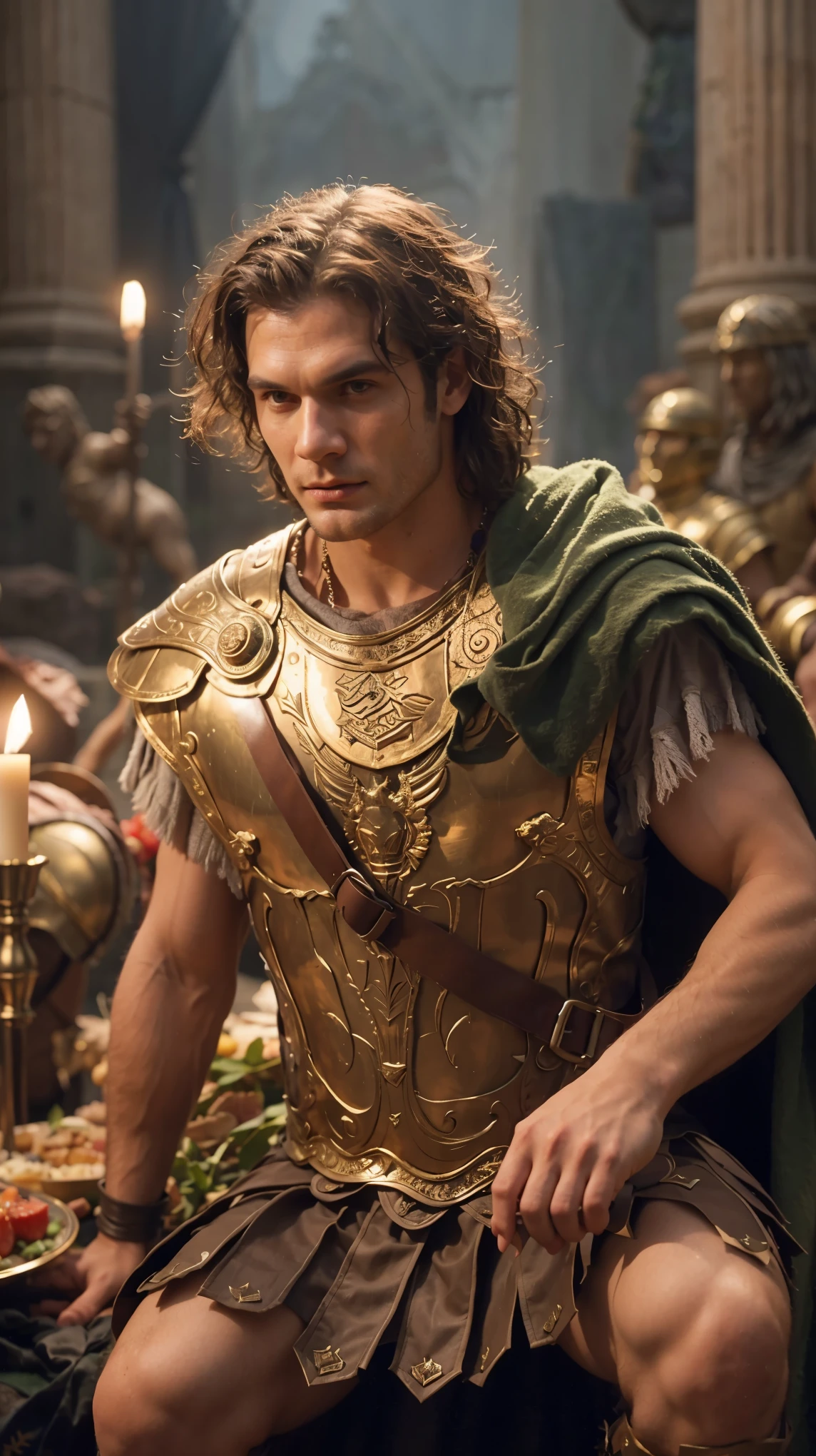 Alexander dressed as a roman soldier with a candle in his hand, henry cavill as a greek god, henry cavill as a warrior, is a greek god, handsome prince of persia, jason momoa as assyrian, henry cavill as arthas menethil, alexander, handsome, adam driver as a centaur warrior, biblical epic movie, handsome man