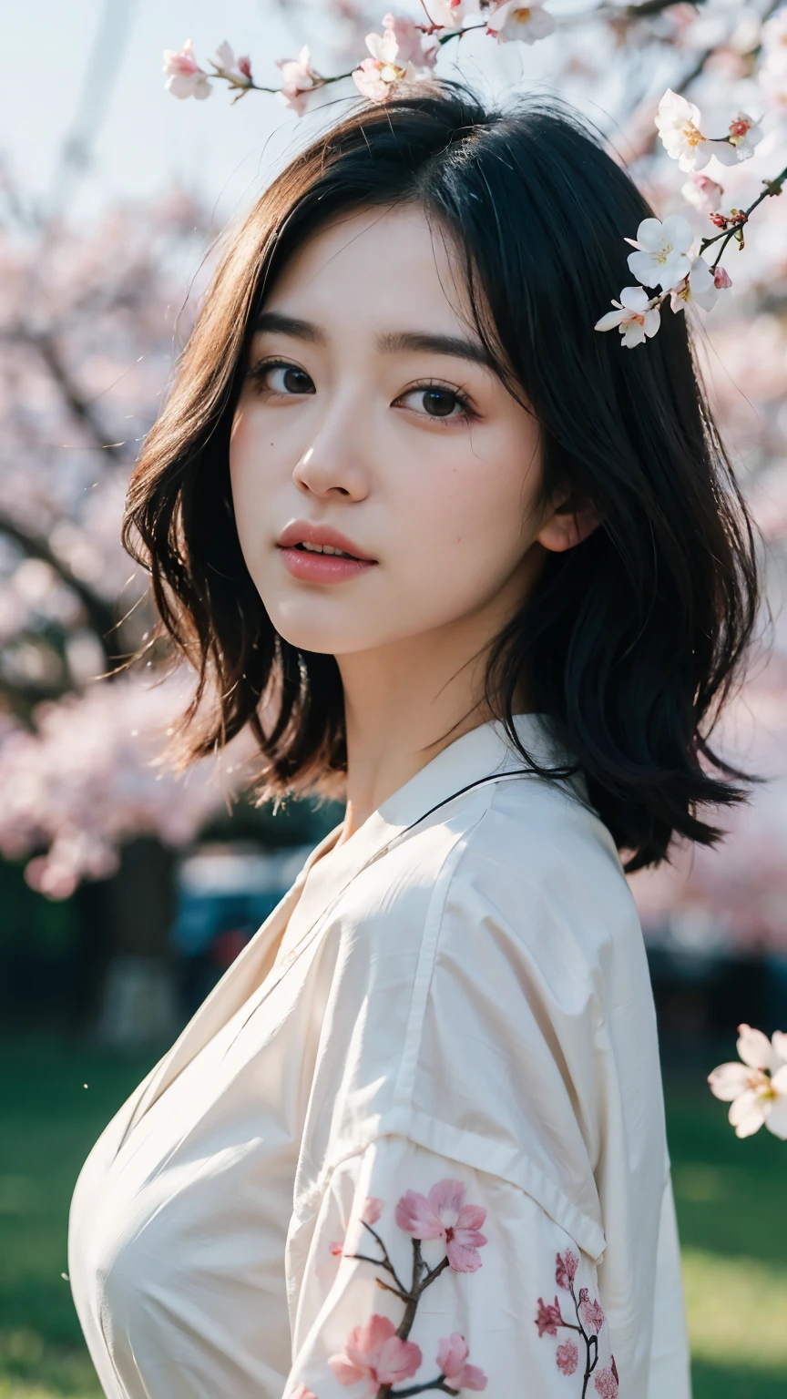 (logo、masterpiece、8k、table top、RAW photo、wonderful、最high quality、Photorealistic and hvery detailed CG integrated 8k wallpaper、high quality、very detailed、Narrative poem、particle effects、dynamic effects、written boundary depth、cinematic light、Lens flare、ray tracing)、fantasy、 (1 beautiful woman、white kimono、Japan Dress、white cherry blossom pattern、White cherry blossom embroidery pattern、black haired、beautiful face、real face、beautiful details eyes beautiful skin)、Hair flutters in Wind、hair bounces、pink cherry tree、petals dance、SakuraFubuki、wonderful景色、sunrise、sun on background、Wind、god々、teeth、god話、vast land、