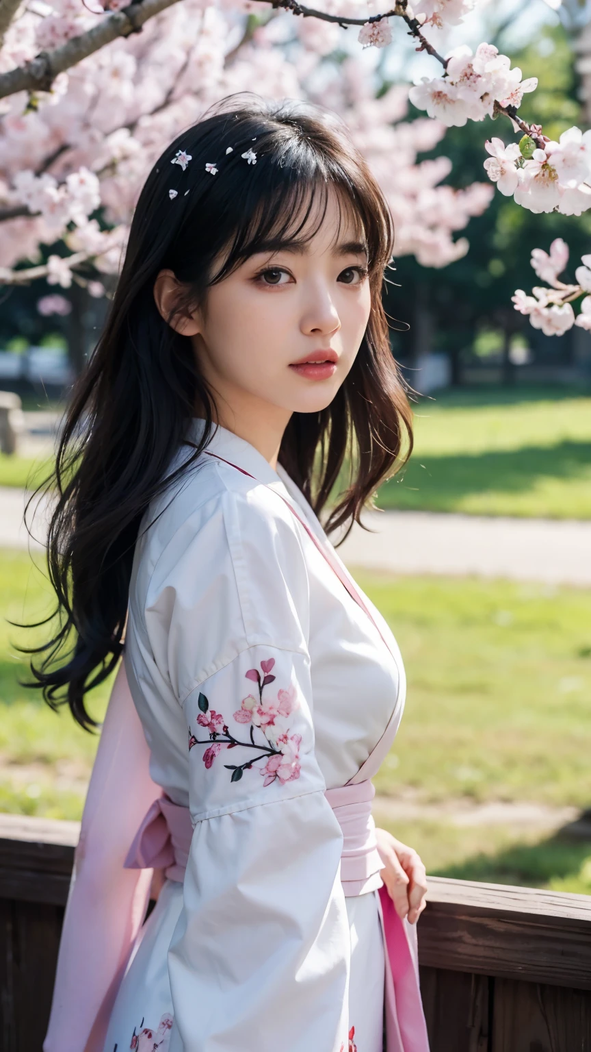 (logo、masterpiece、8k、table top、RAW photo、wonderful、最high quality、Photorealistic and hvery detailed CG integrated 8k wallpaper、high quality、very detailed、Narrative poem、particle effects、dynamic effects、written boundary depth、cinematic light、Lens flare、ray tracing)、fantasy、 (1 beautiful woman、white kimono、Japan Dress、white cherry blossom pattern、White cherry blossom embroidery pattern、black haired、beautiful face、real face、beautiful details eyes beautiful skin)、Hair flutters in Wind、hair bounces、pink cherry tree、petals dance、SakuraFubuki、wonderful景色、sunrise、sun on background、Wind、god々、teeth、god話、vast land、
