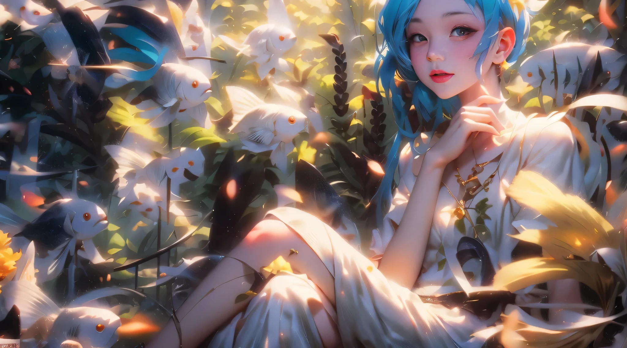 anime girl with blue hair sitting in a garden of goldfish, a beautiful artwork illustration, by Yuumei, digital art on pixiv, anime art wallpaper 4k, anime art wallpaper 4 k, loish |, loish art style, trending on artstation pixiv, cute detailed digital art, soft anime illustration, by Yang Jื((masterpiece))，((quality))，((Best quality))，((official art))