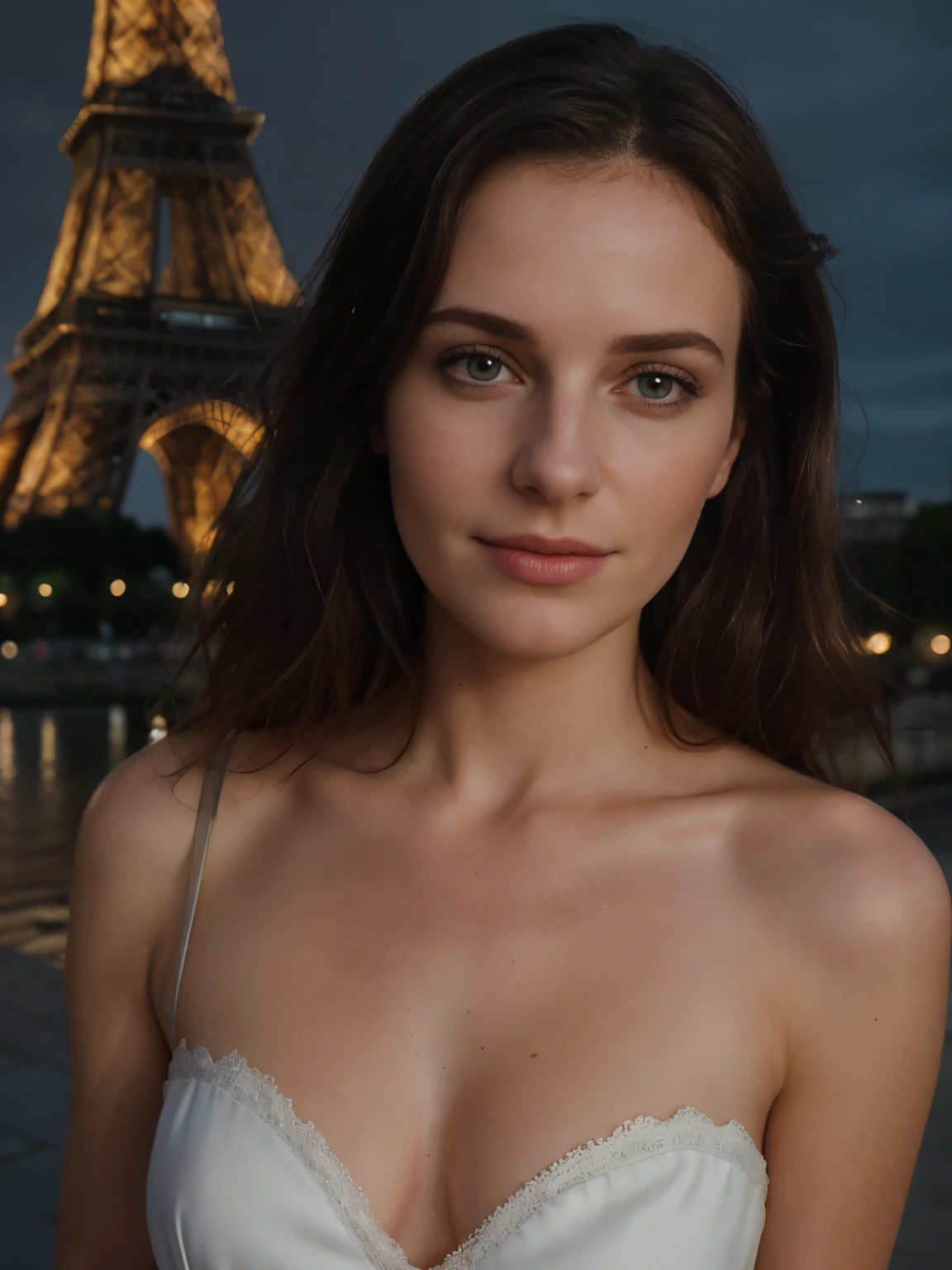 Photographie de 1 superbe fille de 23 ans , Porter is a robe de soirée with a décolleté , cheveux bruns ,en France avec la tour Eiffel , photo portrait, Souriant, looking into camera , Spectacular lighting, magnifique, (clivage profond), photo shoot, occidental, (Masterpiece), Best quality, High resolution, Extremely detailed background, peau avec pores, , cinematic lighting Completed