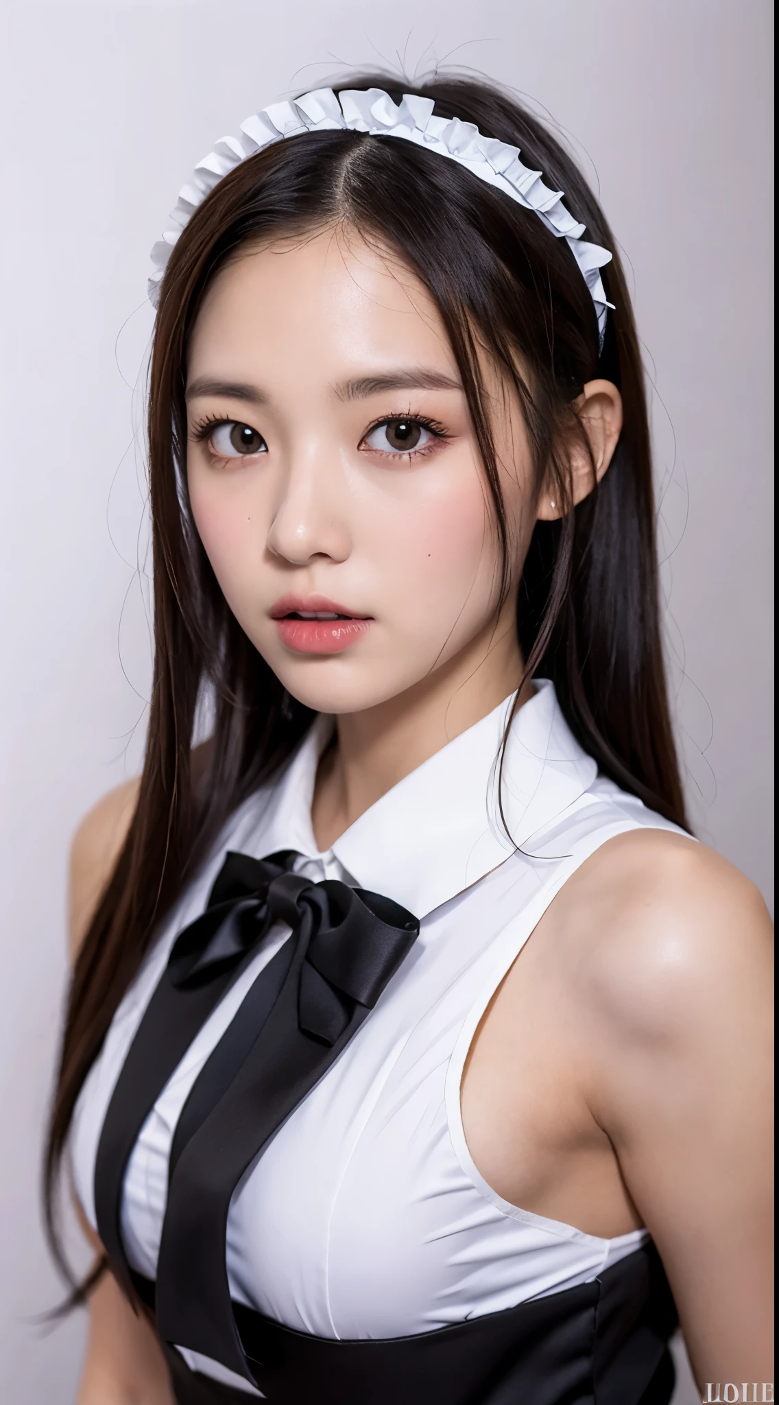 Top quality, delicate details, very detailed eyes and face, ((night))), (indoor), (sexy maid costume), 1 beautiful girl, sweat, ponytail, upbeat cheeks, no makeup,empty pupils,hollow eye, bright eyes, frill costume, lighting on figure, (((((background dark))))